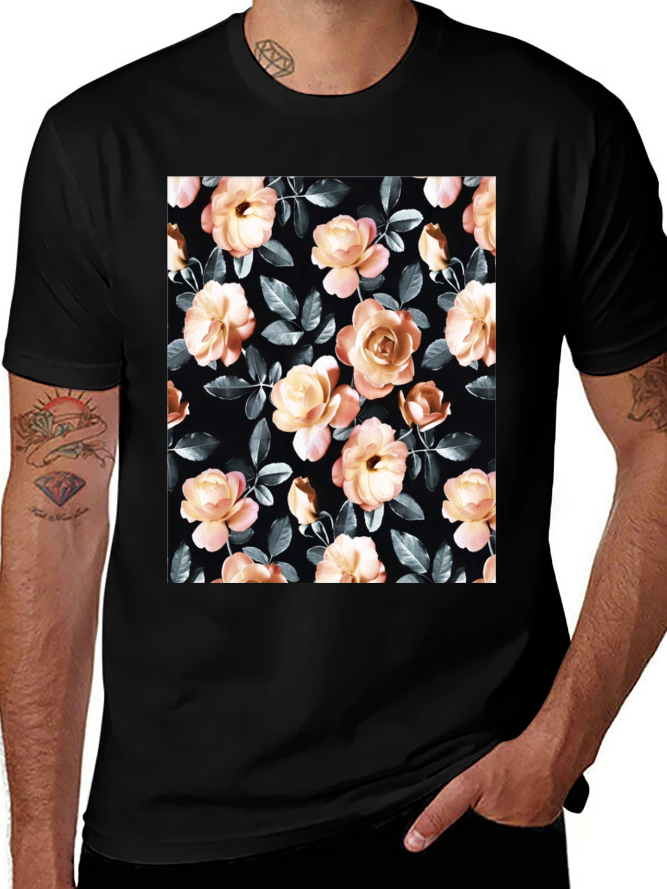 Variant 16 of Floral Rose Print Black T-Shirt