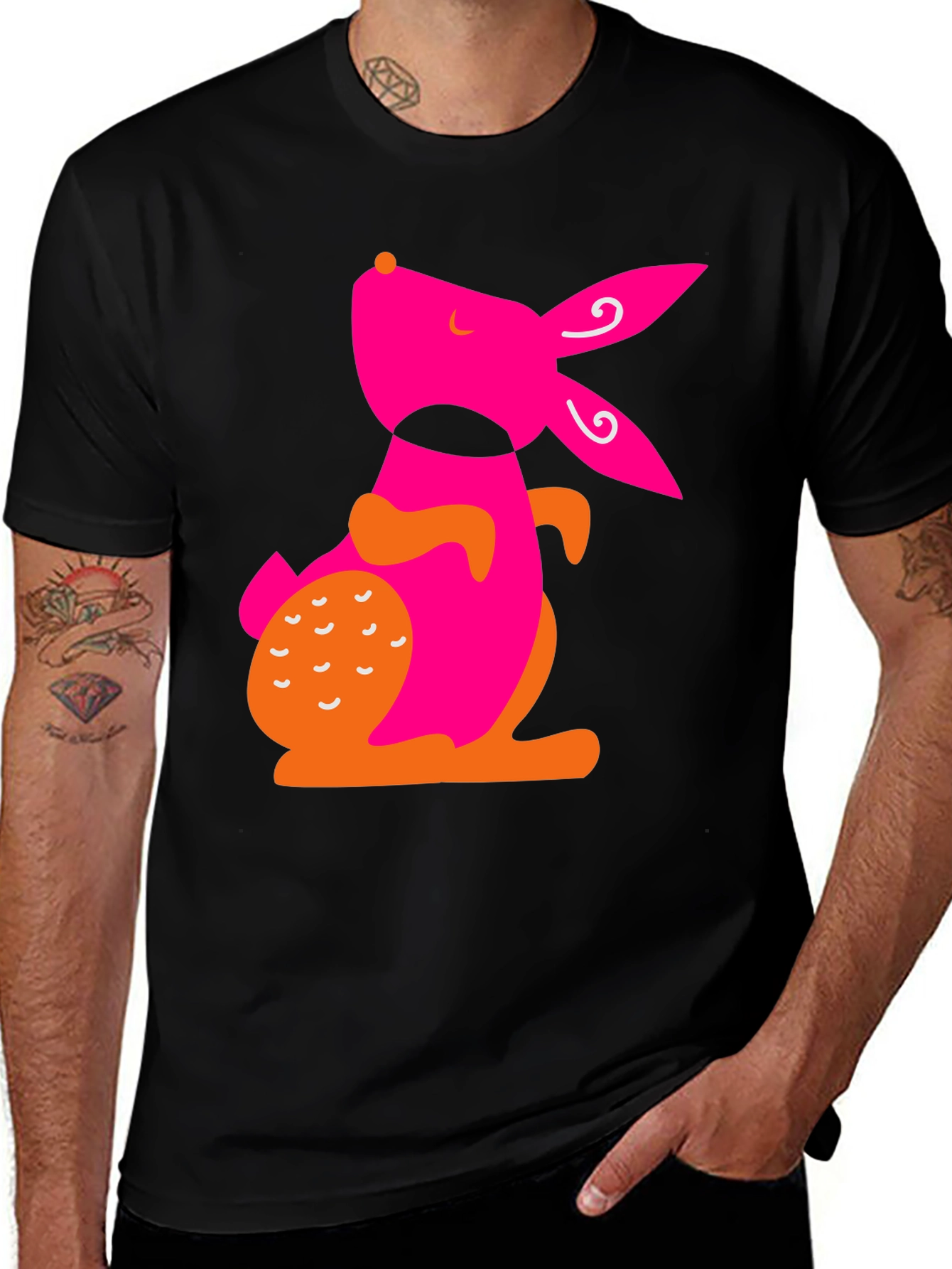 Variant 10 of Modern Pink Rabbit Graphic Black T-Shirt