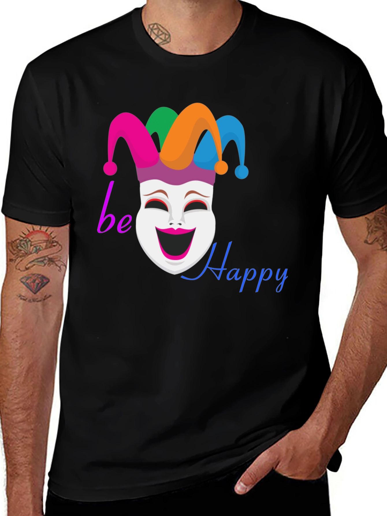 Variant 11 of Be Happy T-Shirt - Jester Mask Graphic Tee