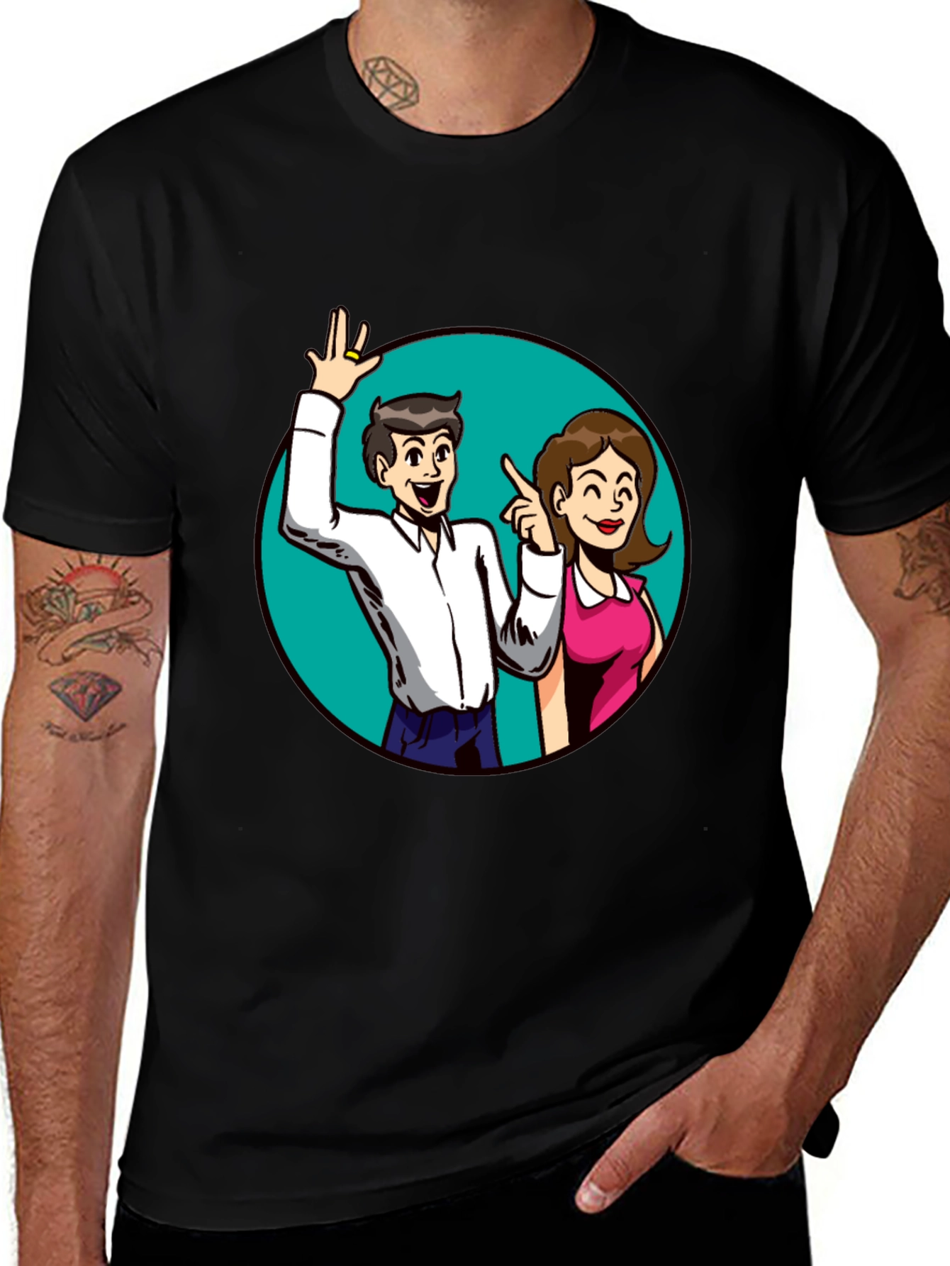 Variant 5 of Cartoon Couple Graphic Tee - Black Casual Shirt