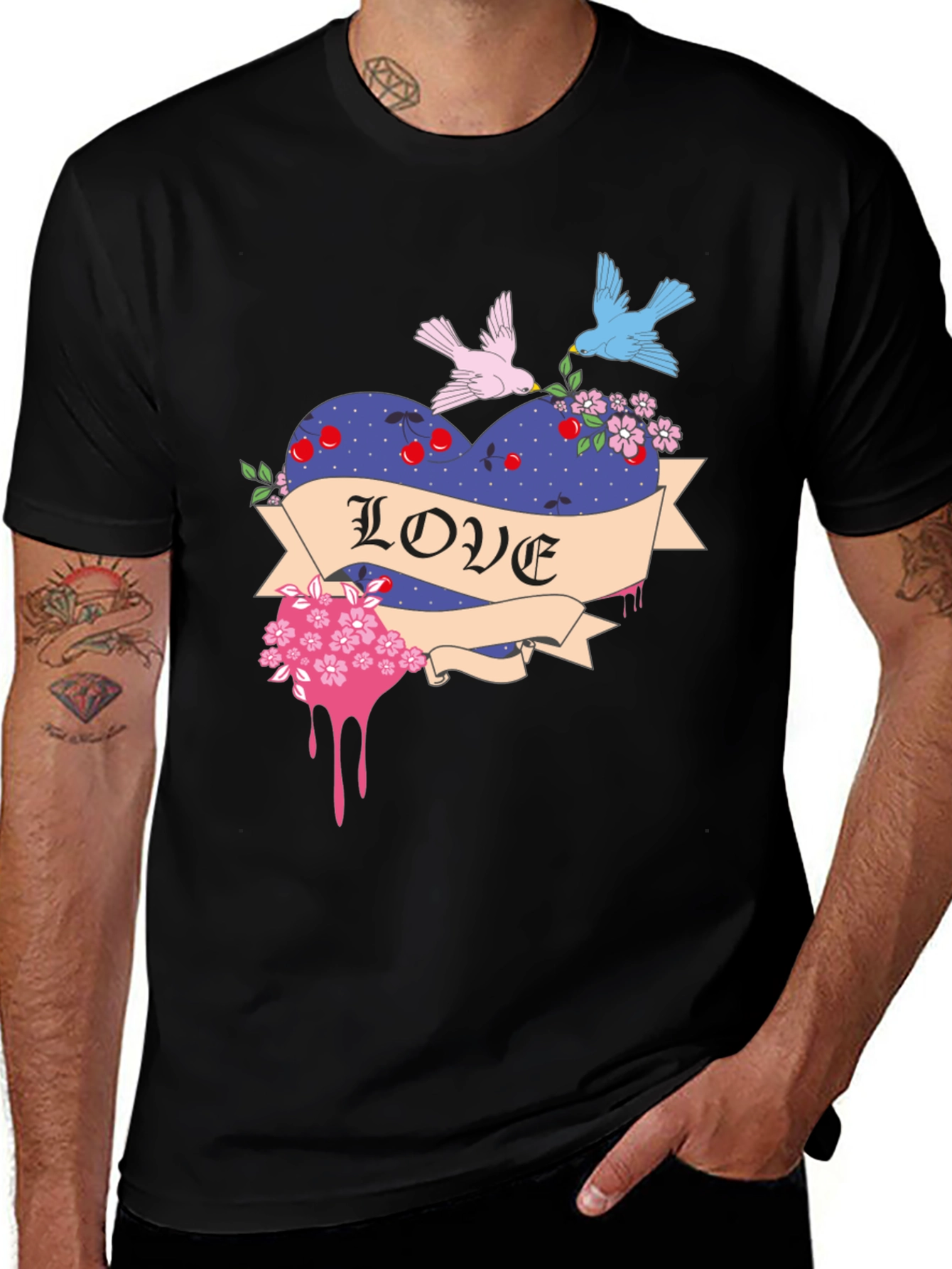 Love Heart Birds Graphic Black T-Shirt