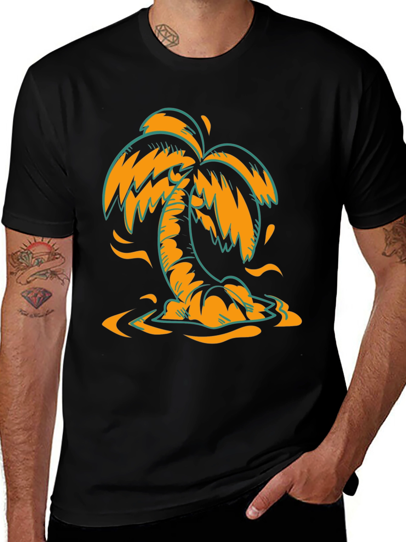 Variant 20 of Tropical Palm Tree Graphic Tee - Black Cotton Blend Shirt