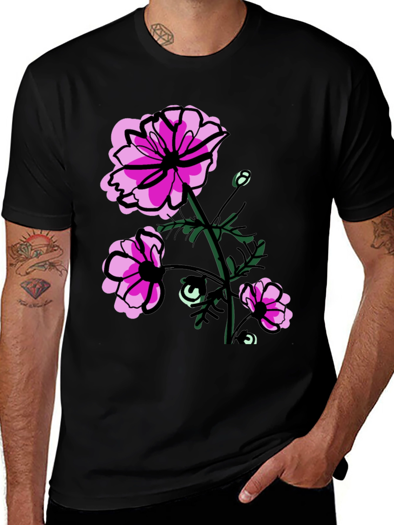 Floral Graphic T-Shirt - Pink Flowers on Black