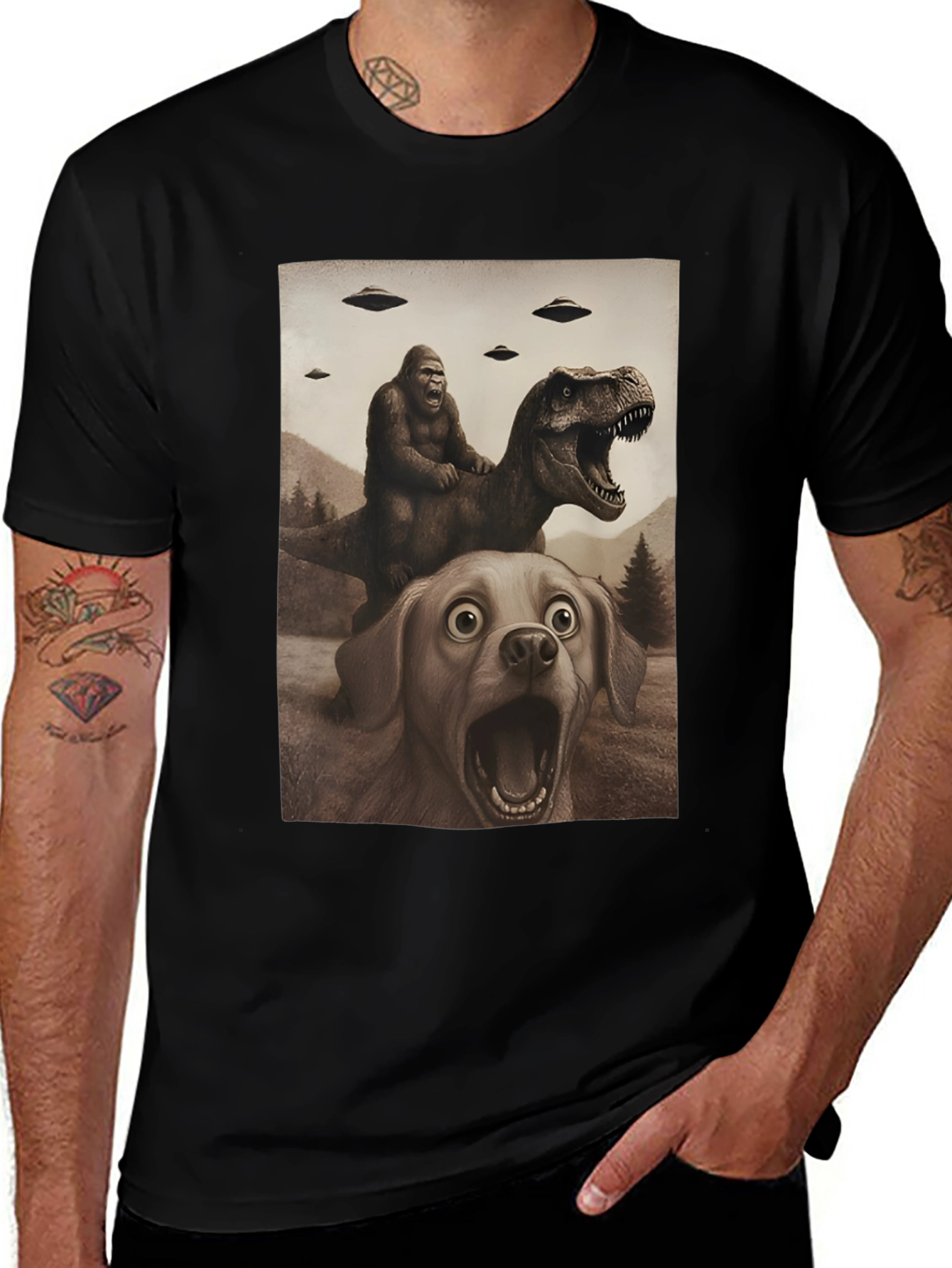 Variant 11 of Funny Gorilla Riding Dino Dog UFO T-Shirt