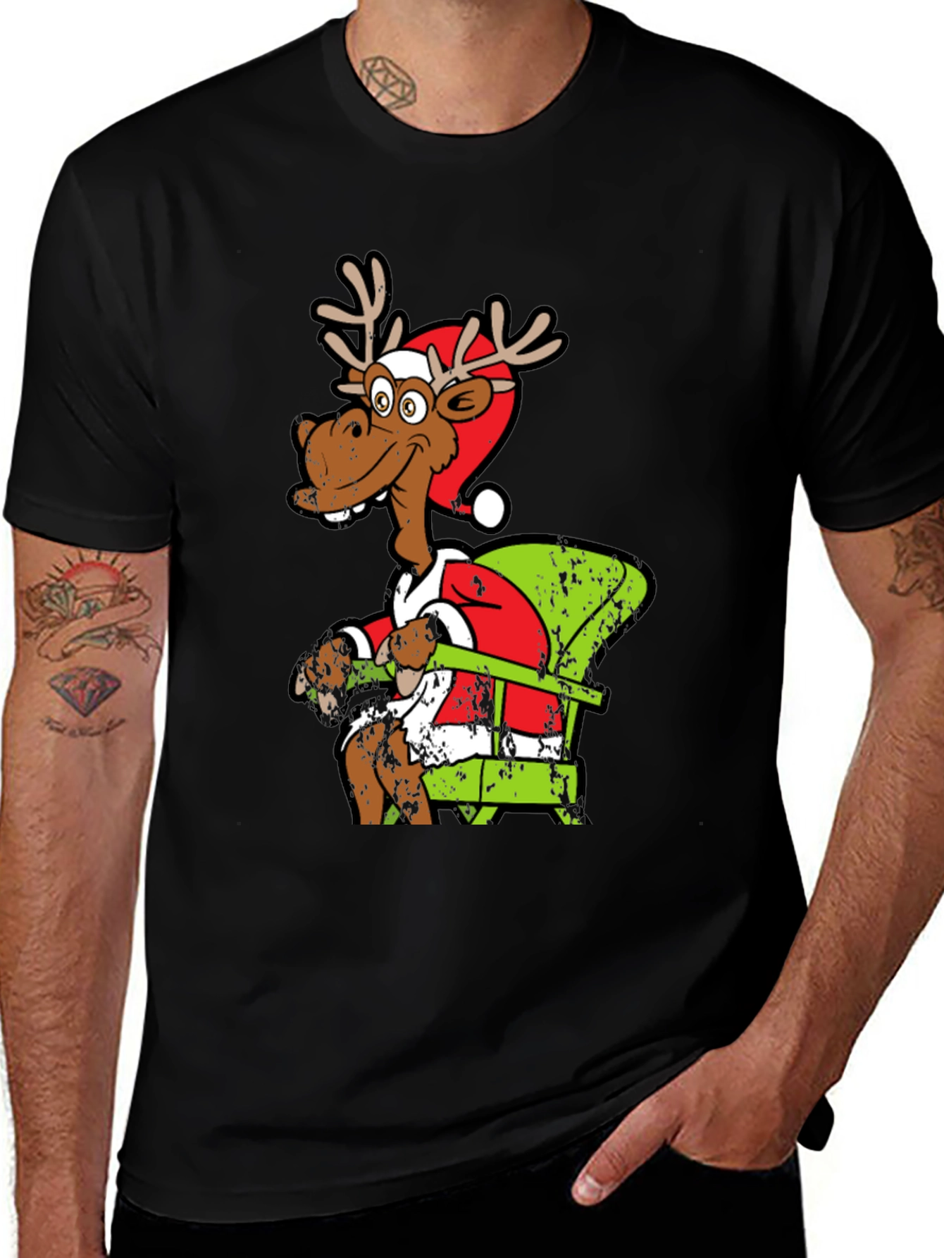 Black Funny Reindeer Santa T-Shirt main image