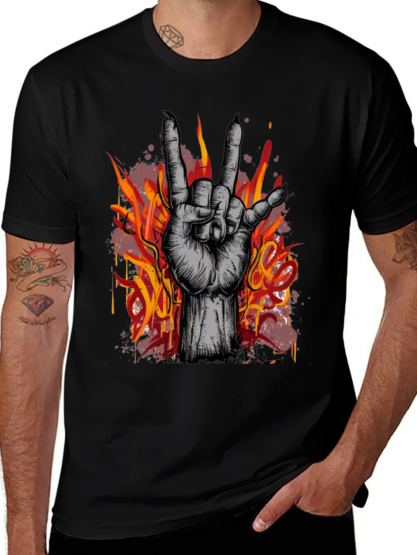 Variant 14 of Rock On T-Shirt - Metal Hand Gesture with Fire