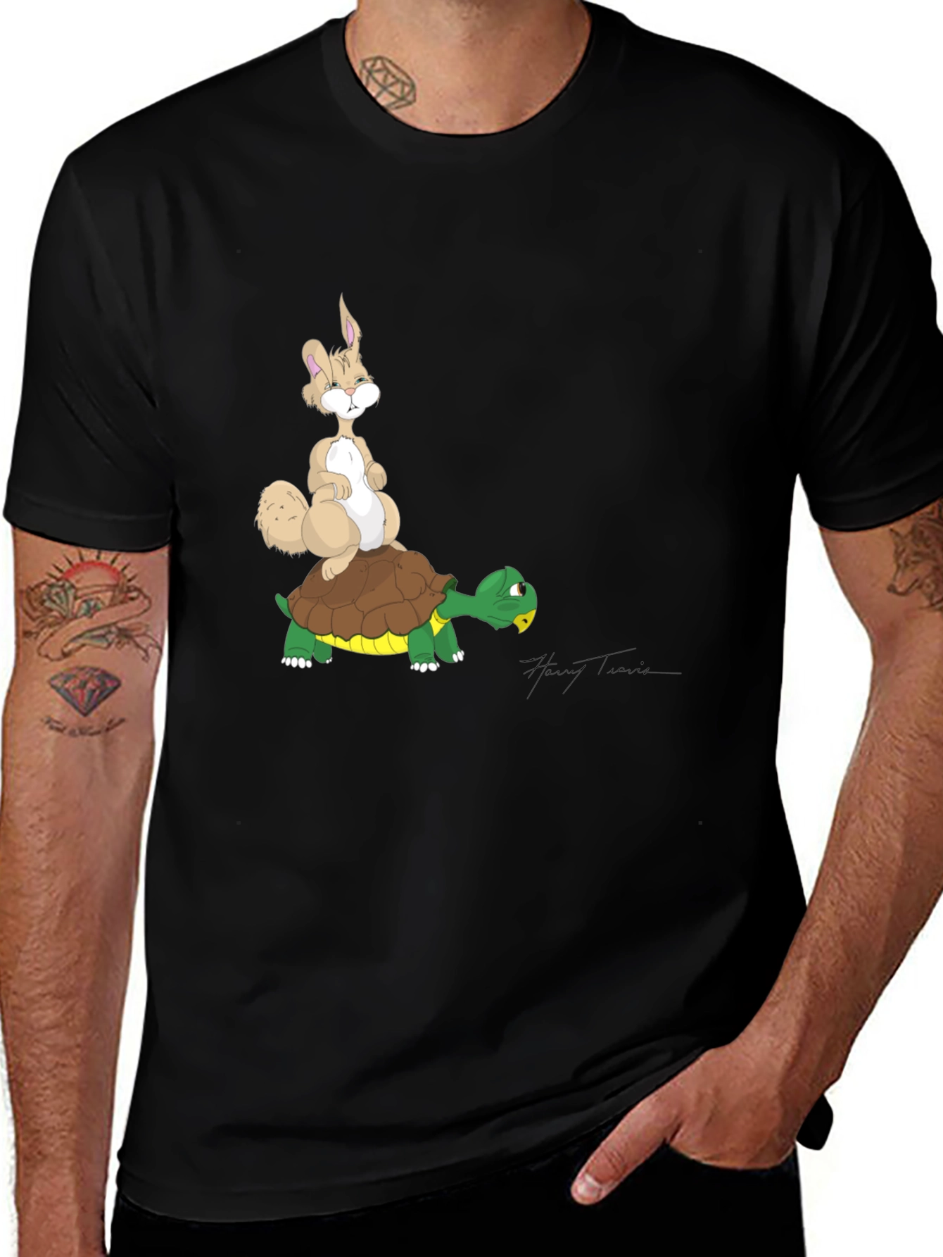 Variant 15 of Hare and Tortoise Graphic Tee - Black Cotton T-Shirt