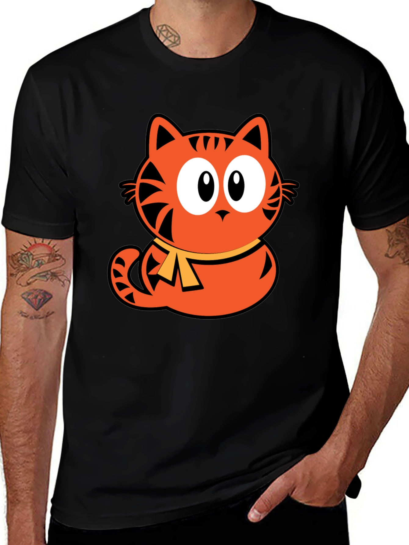 Variant 22 of Orange Cat Cartoon Graphic Black T-Shirt