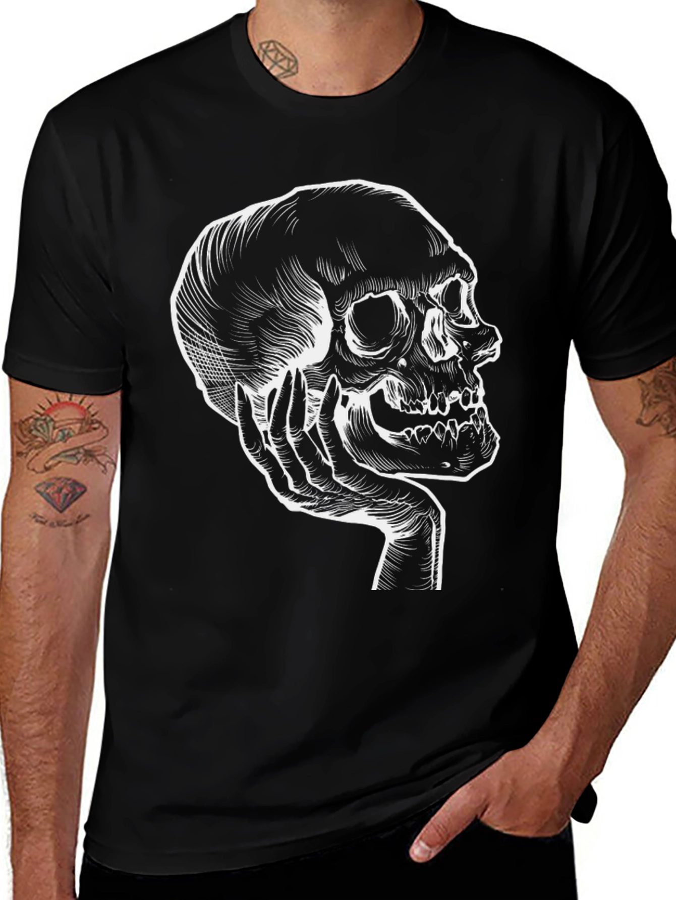 Skull Hand Graphic Tee - Black Cotton T-Shirt