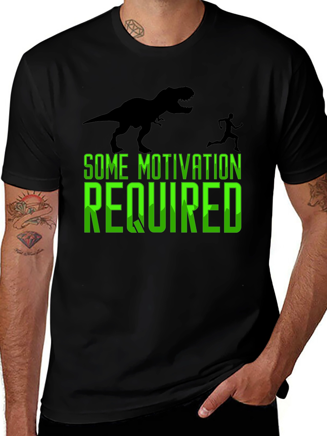 Variant 4 of Motivation Required T-Rex Chasing Man Graphic Tee