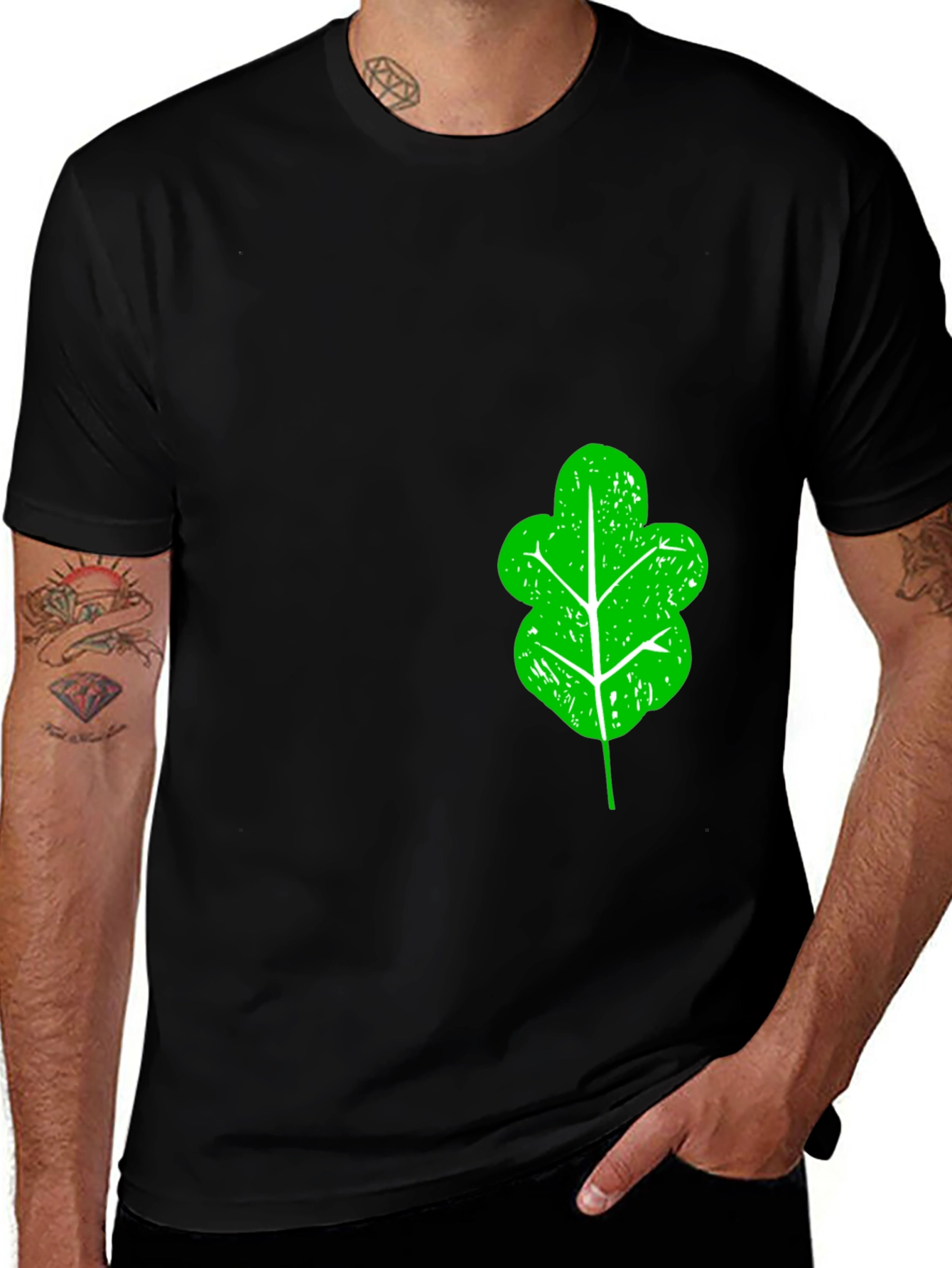 Variant 26 of Green Leaf Graphic Black T-Shirt