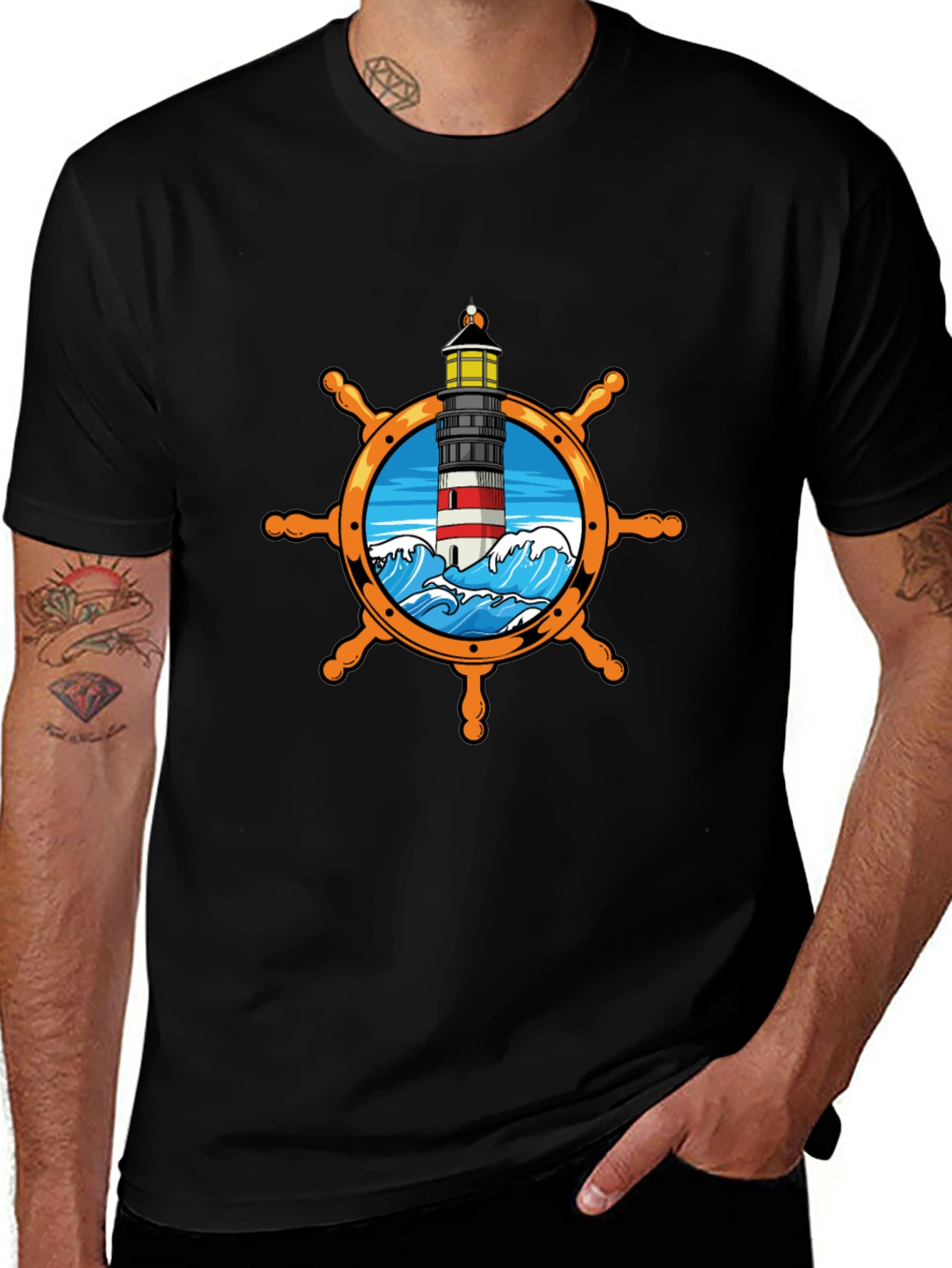 Nautical Lighthouse Wheel Graphic T-Shirt