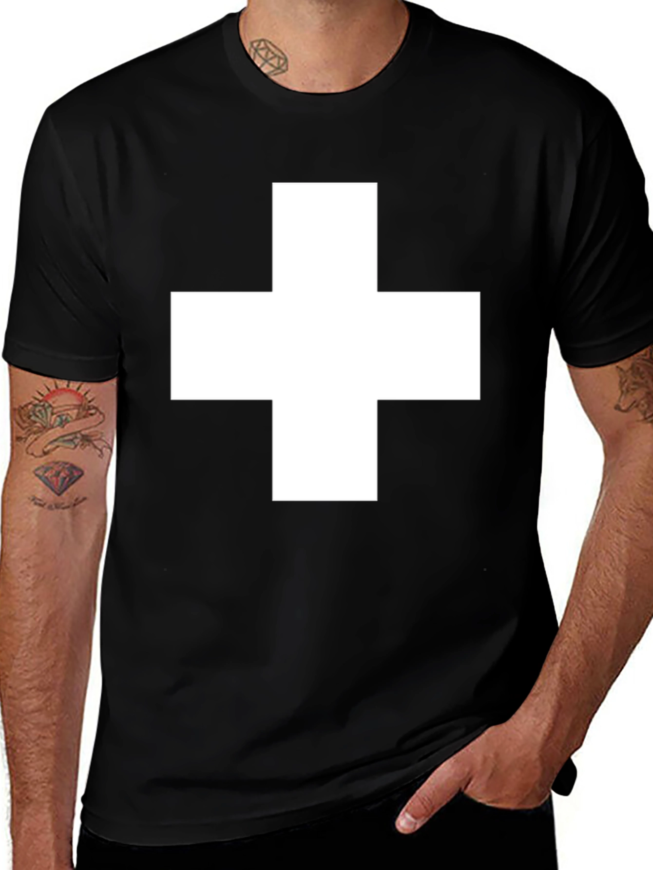 Variant 8 of Black T-Shirt with White Cross - Casual Style
