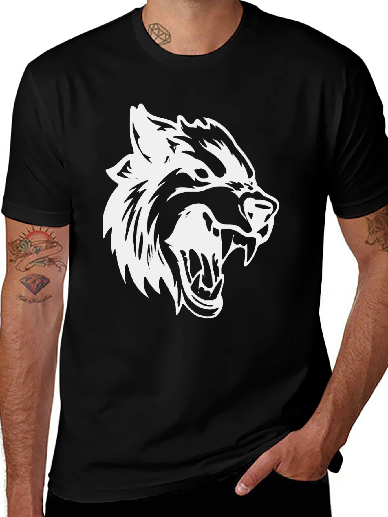 Variant 12 of Men's Black T-Shirt with White Wolf Graphic