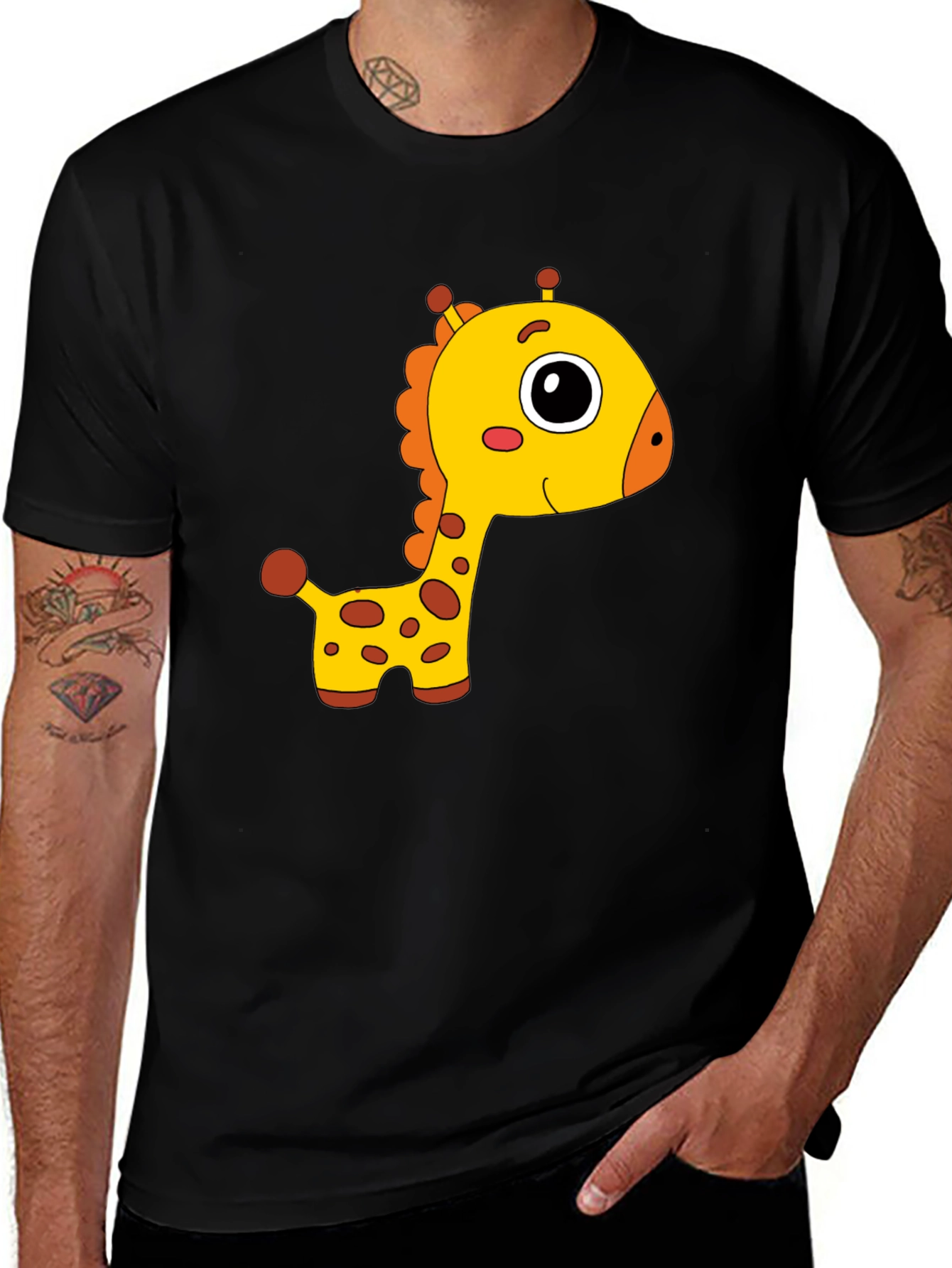 Cute Giraffe Cartoon Print Black T-Shirt