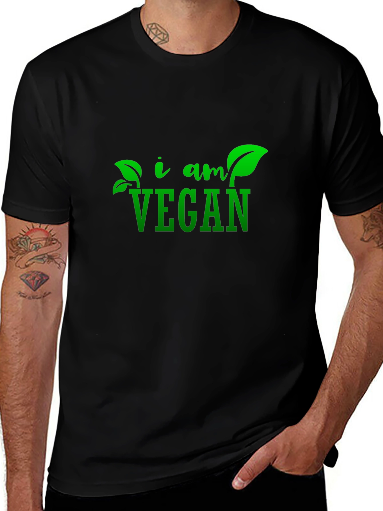 Variant 14 of I Am Vegan T-Shirt - Green Leaf Design