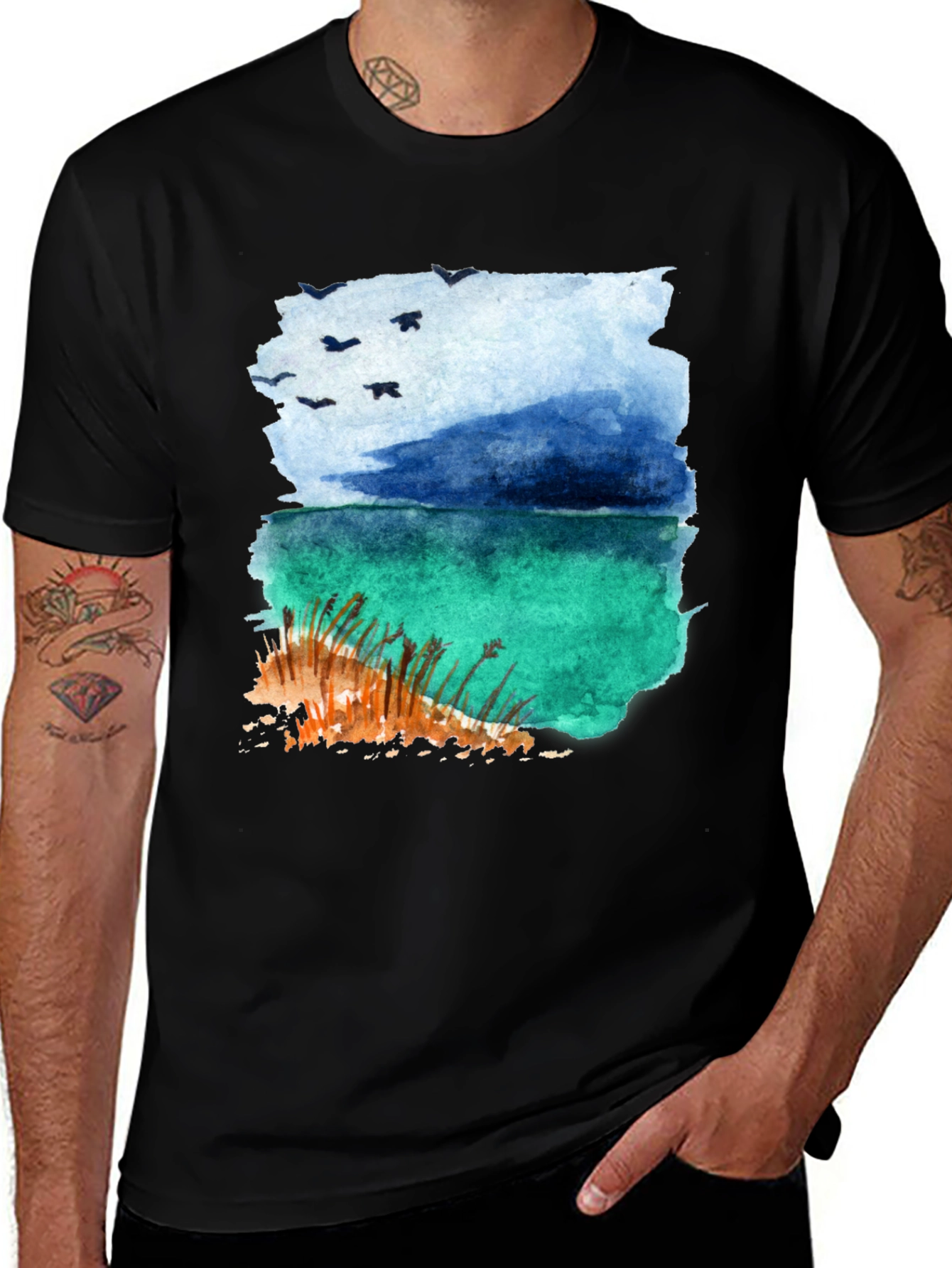 Variant 12 of Watercolor Island T-Shirt - Tropical Beach Scene