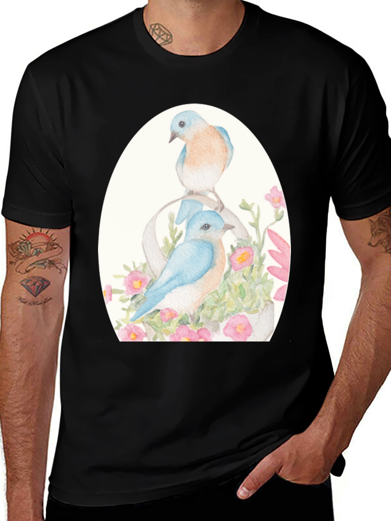 Black Bluebird Floral Graphic Tee - Nature Lover's Shirt main image