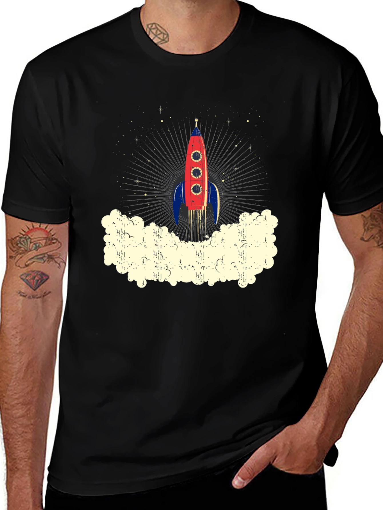 Variant 4 of Retro Rocket Launch Graphic Tee - Black Cotton T-Shirt