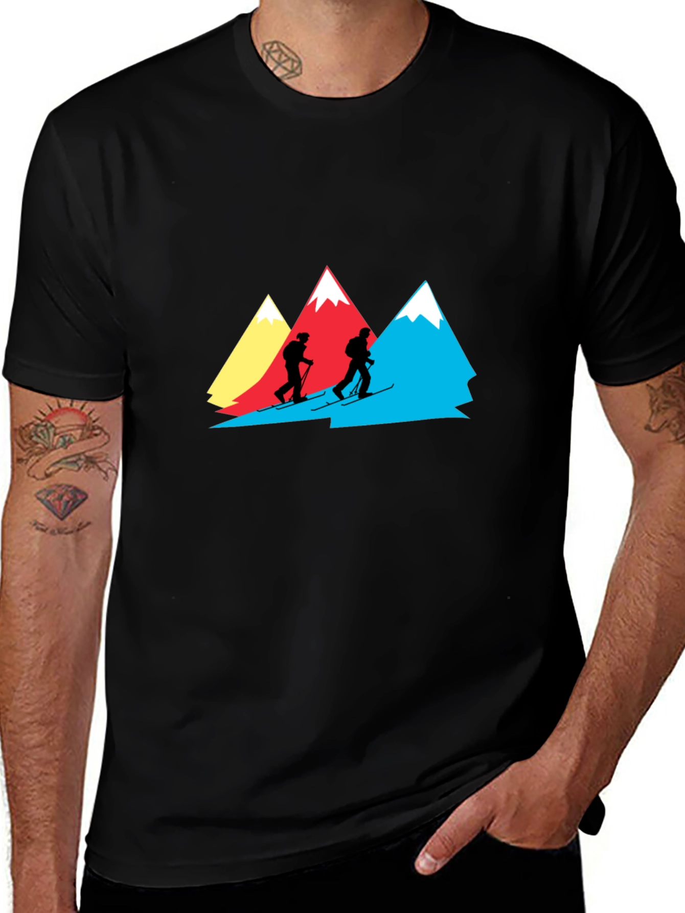 Variant 4 of Mountain Skiers Graphic Tee - Black Cotton Shirt