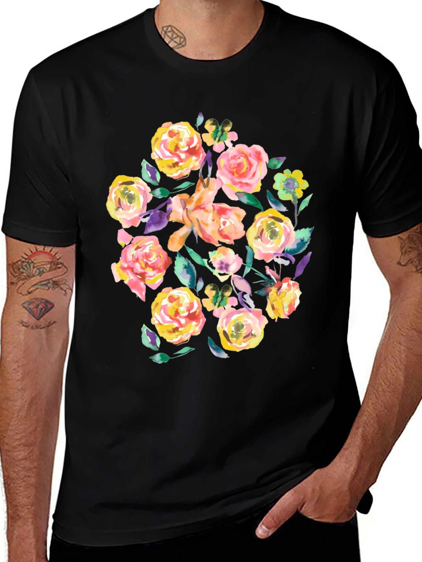 Floral T-Shirt - Watercolor Rose Bouquet Design