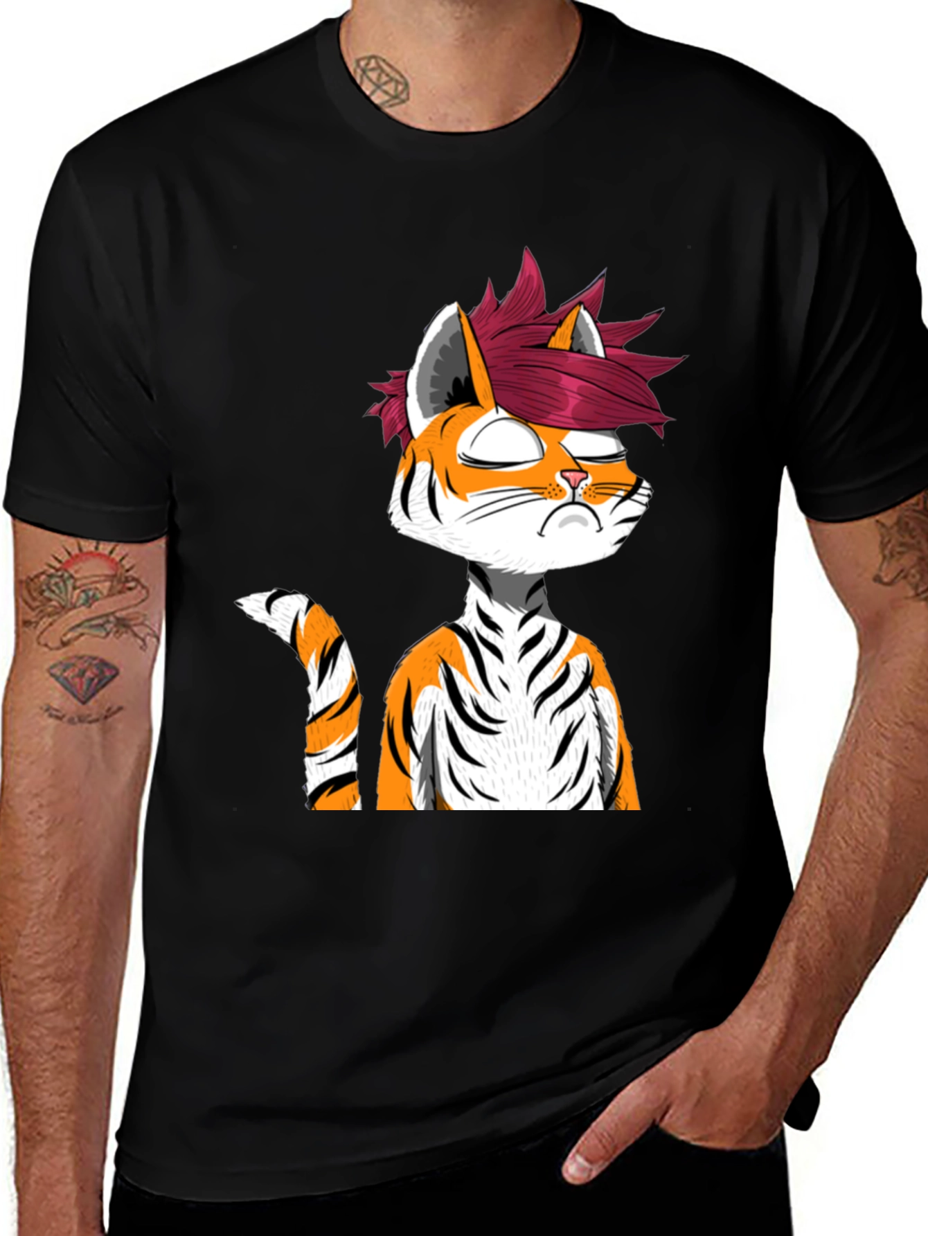 Edgy Anime Tiger Graphic Tee - Black T-Shirt