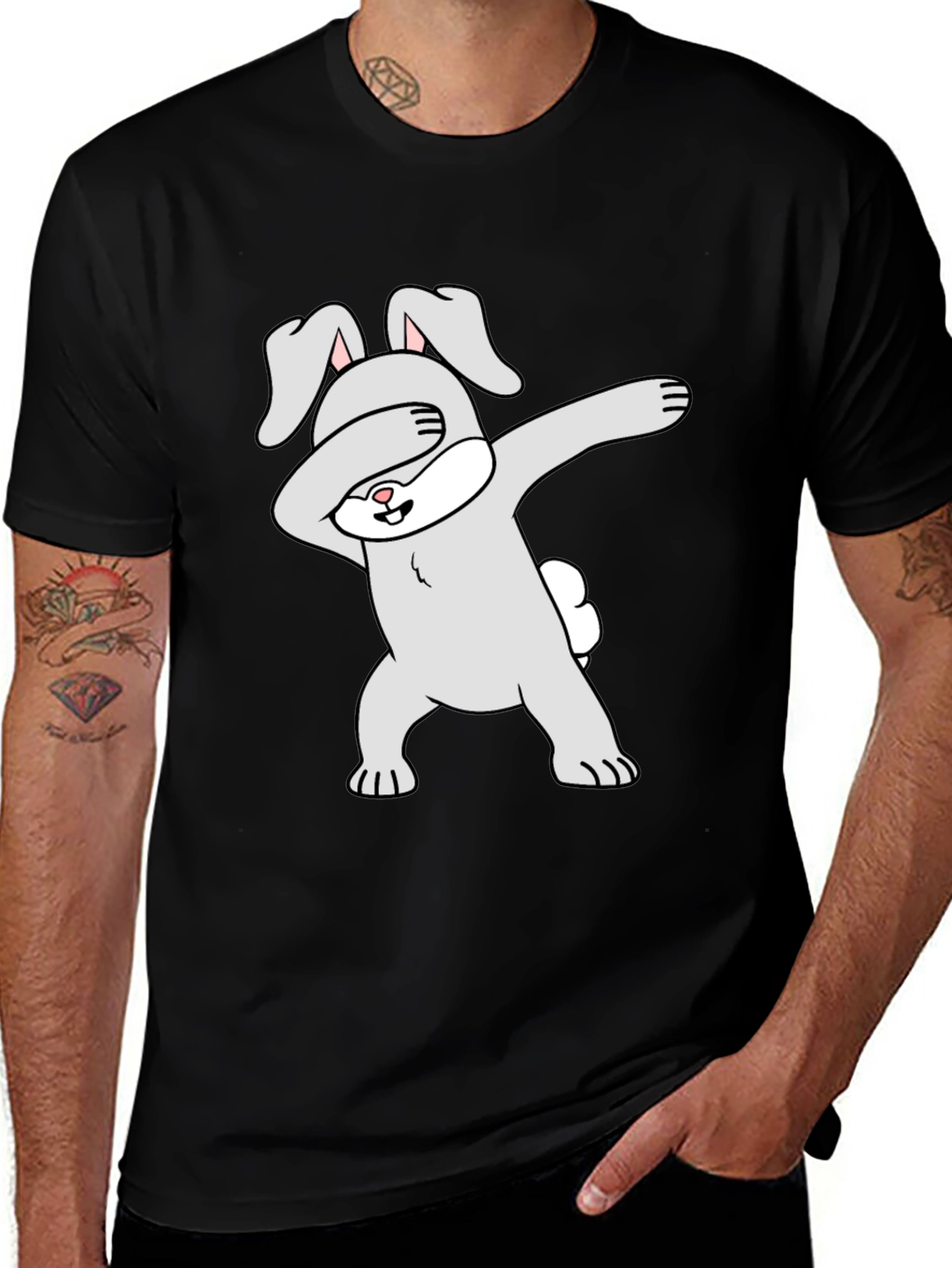 Variant 30 of Dabbing Bunny Graphic Tee - Black Cotton Casual Shirt