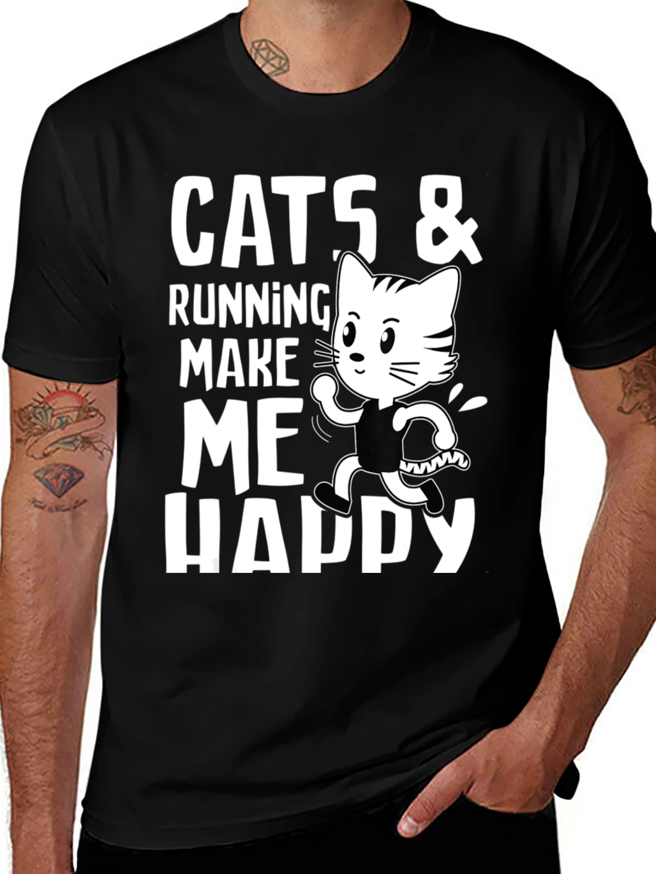 Variant 30 of Cats and Running Make Me Happy Black T-Shirt