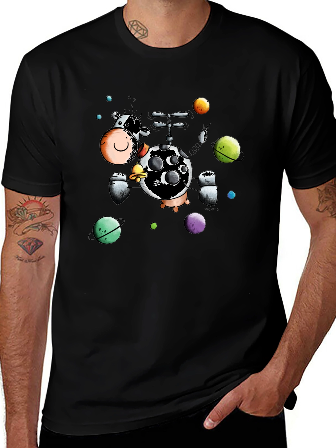 Variant 6 of Cosmic Cow Black T-Shirt, Novelty Cartoon Design