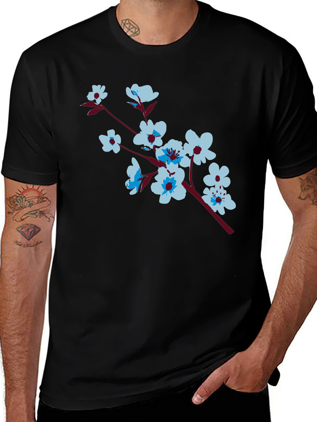 Variant 22 of Floral Branch Print Black T-Shirt