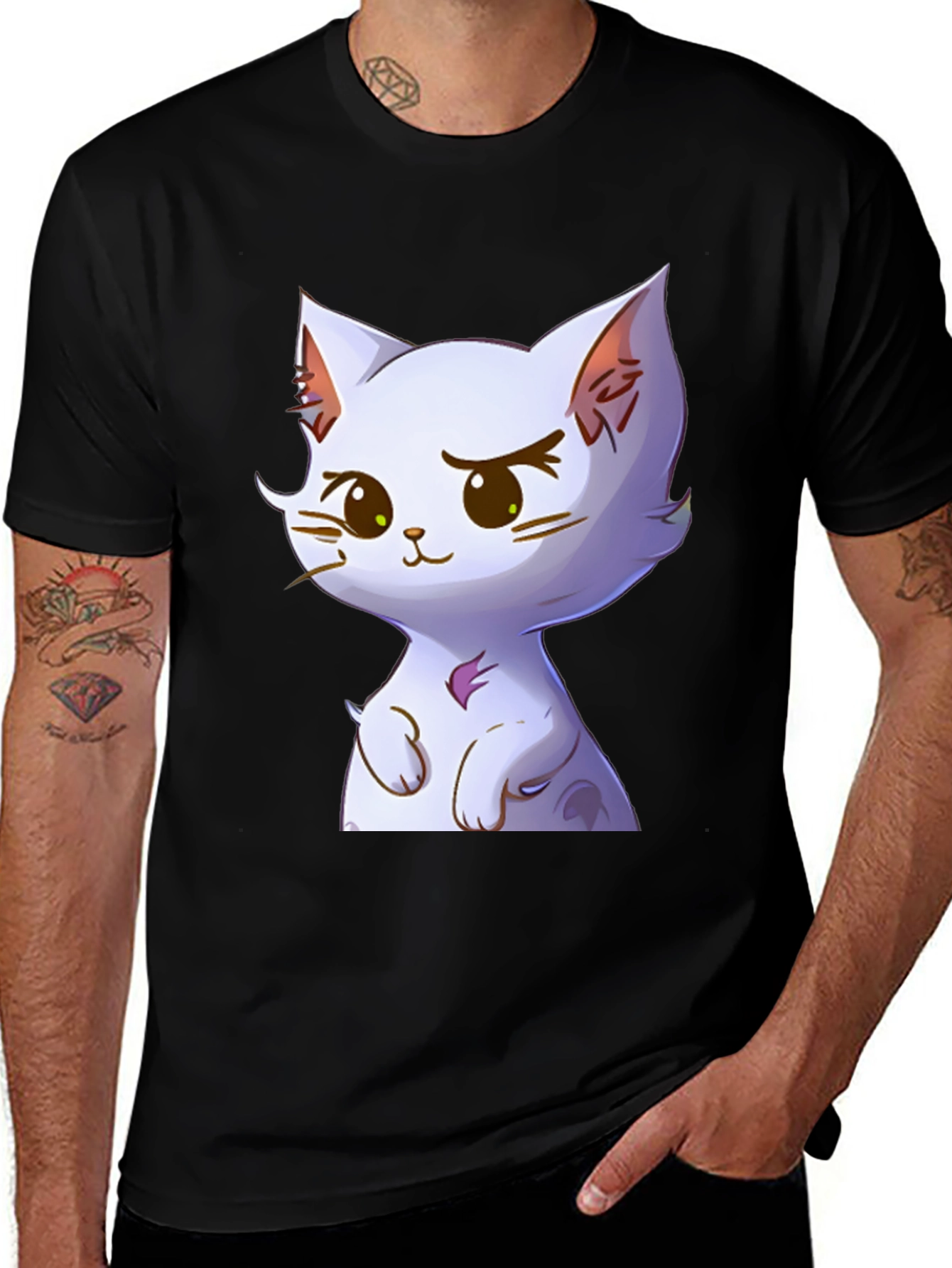 Variant 30 of Cute Cartoon Cat Graphic Tee - Black Cotton Blend