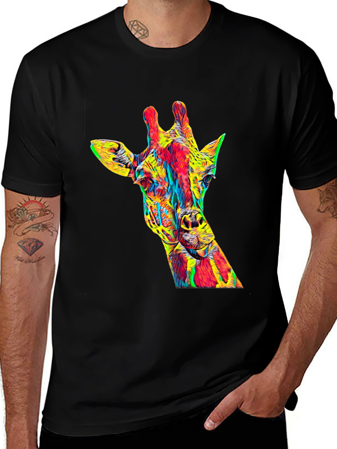 Variant 7 of Vibrant Giraffe Graphic Tee - Men's Black T-Shirt