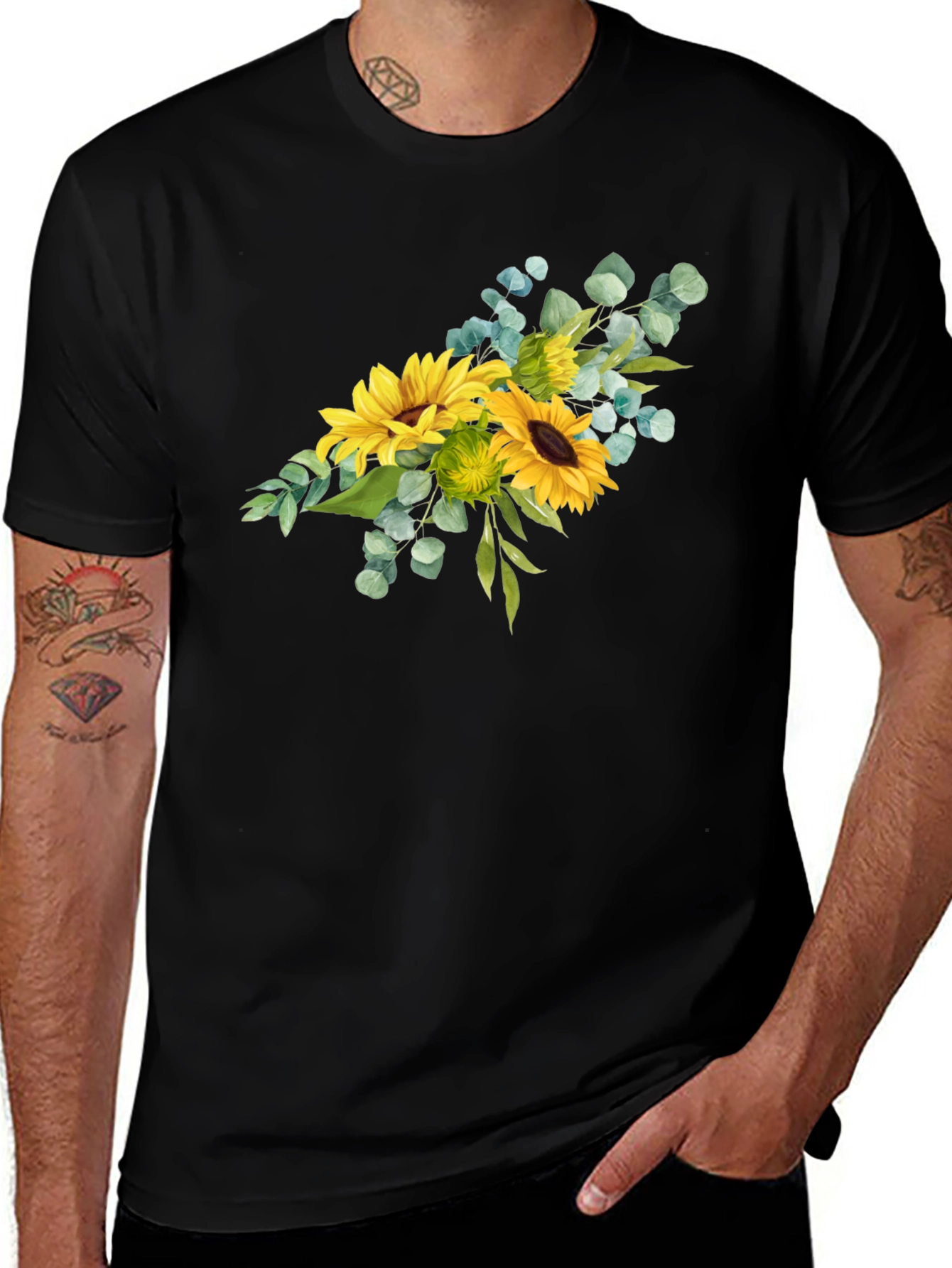 Variant 8 of Sunflower Bouquet Graphic Print Black T-Shirt