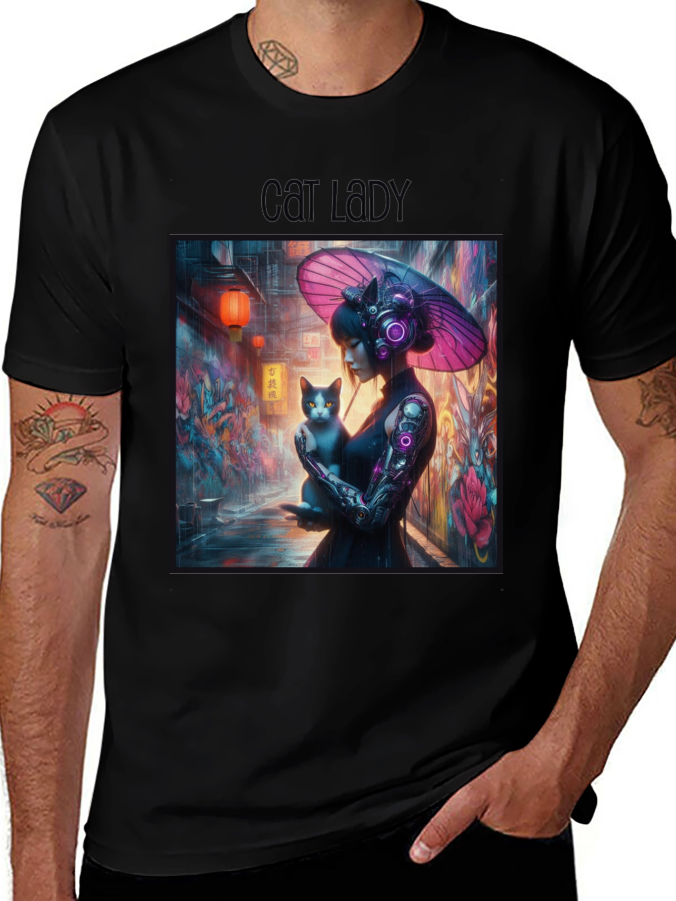 Variant 30 of Cyberpunk Cat Lady Graphic Tee - Unique Design