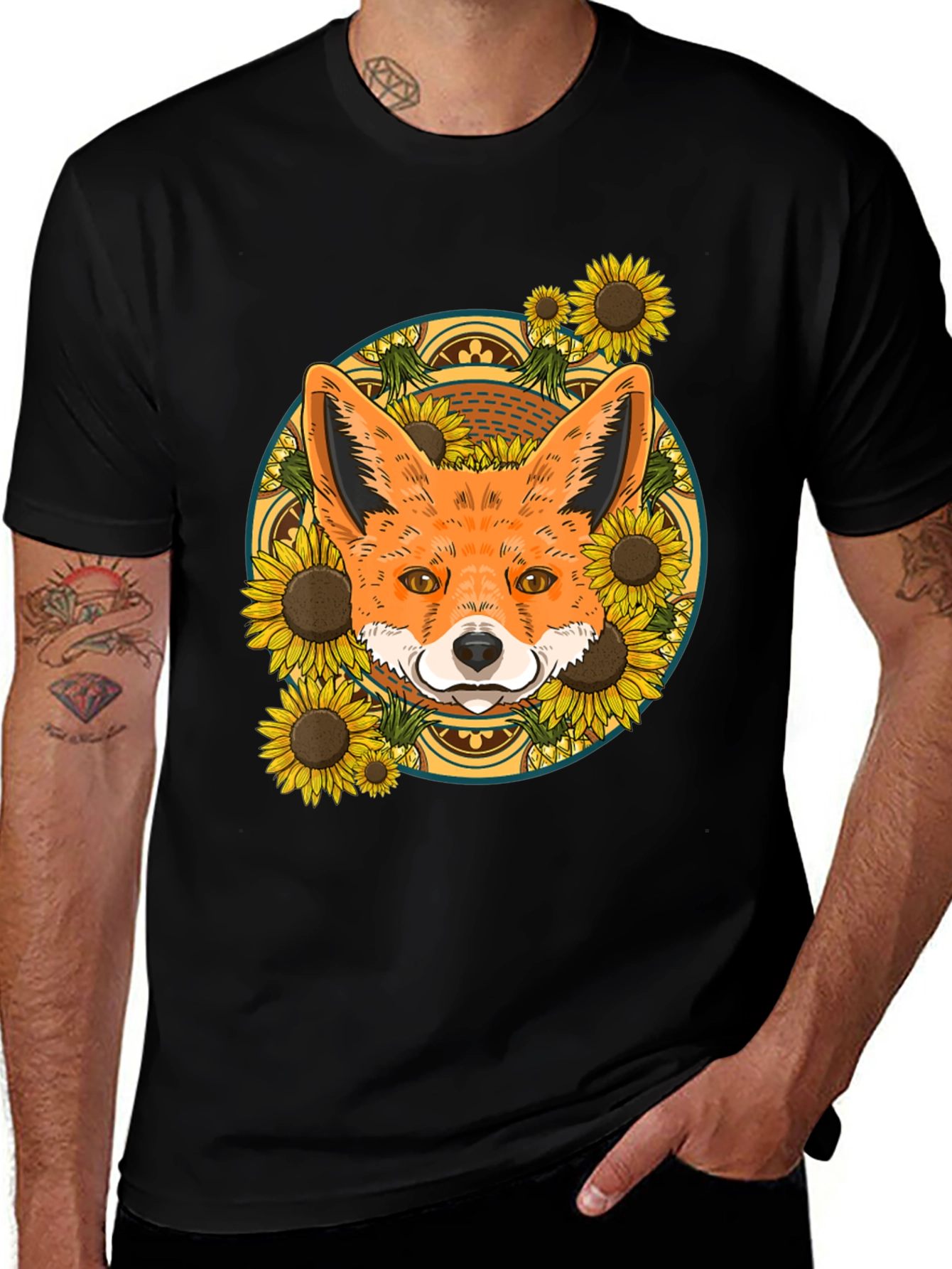 Black Fox & Sunflower Graphic Tee - Nature Lover's T-Shirt main image