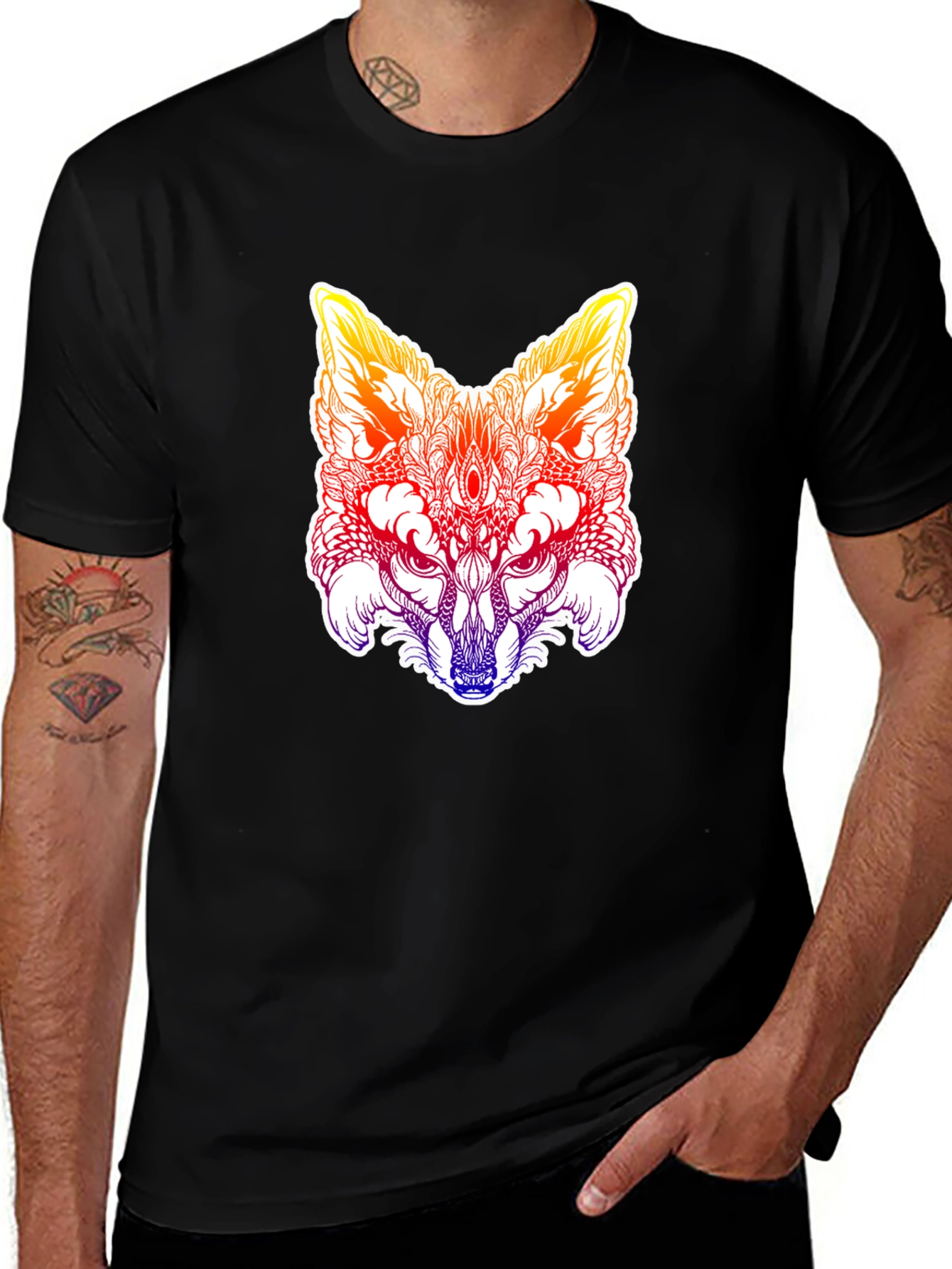 Variant 2 of Psychedelic Fox Head Graphic Tee - Men's Black T-Shirt