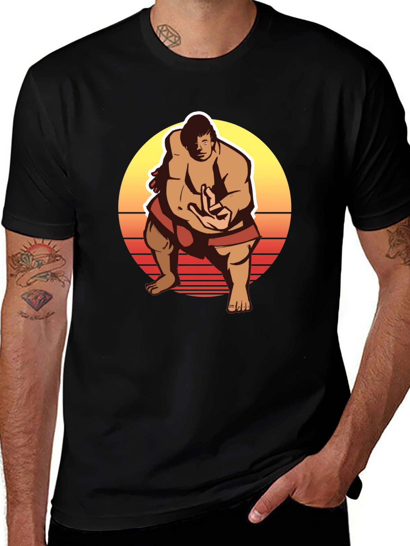 Variant 25 of Retro Sumo Wrestler Graphic Tee - Black T-Shirt
