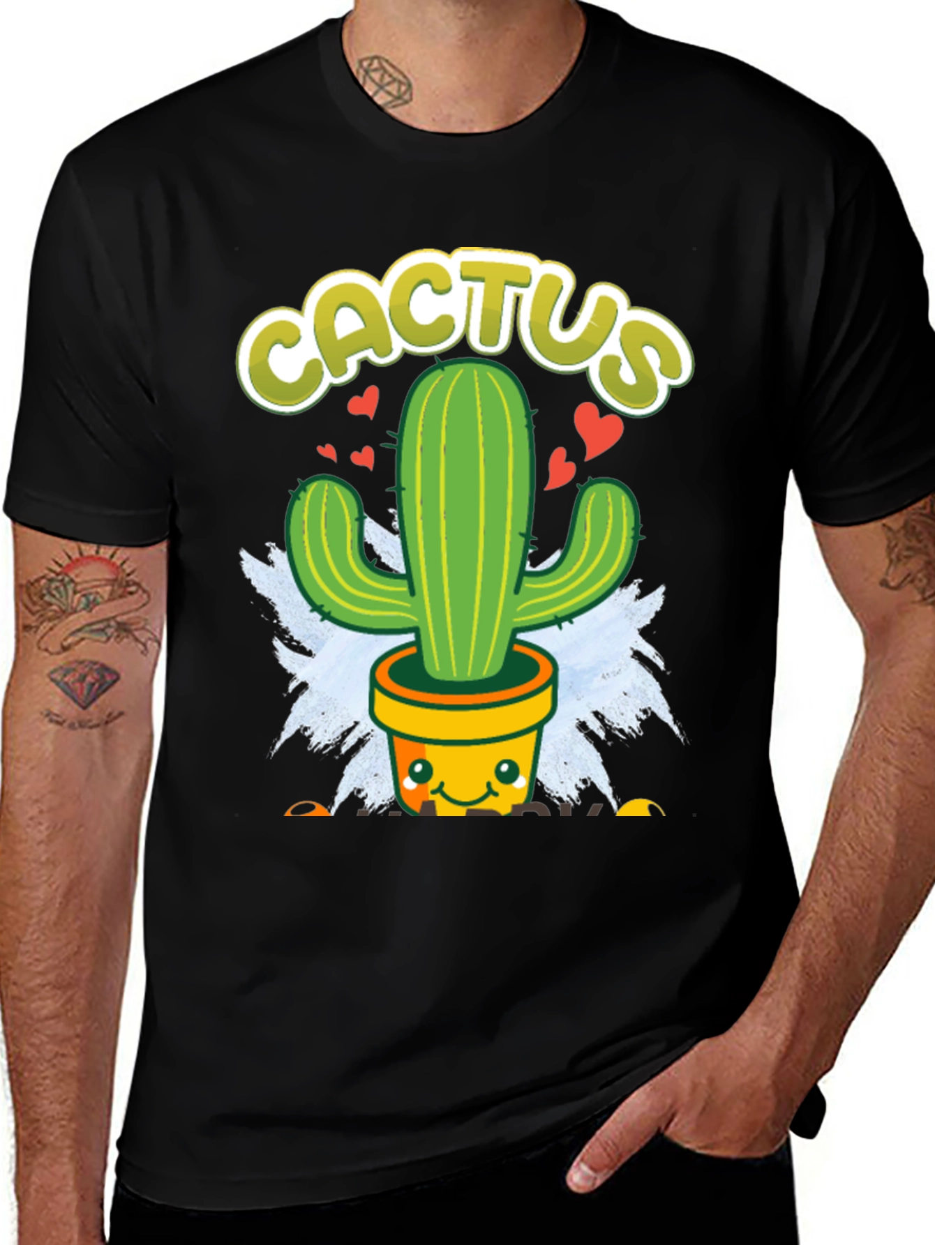 Variant 13 of Cute Cactus Graphic Tee - Black Cotton T-Shirt