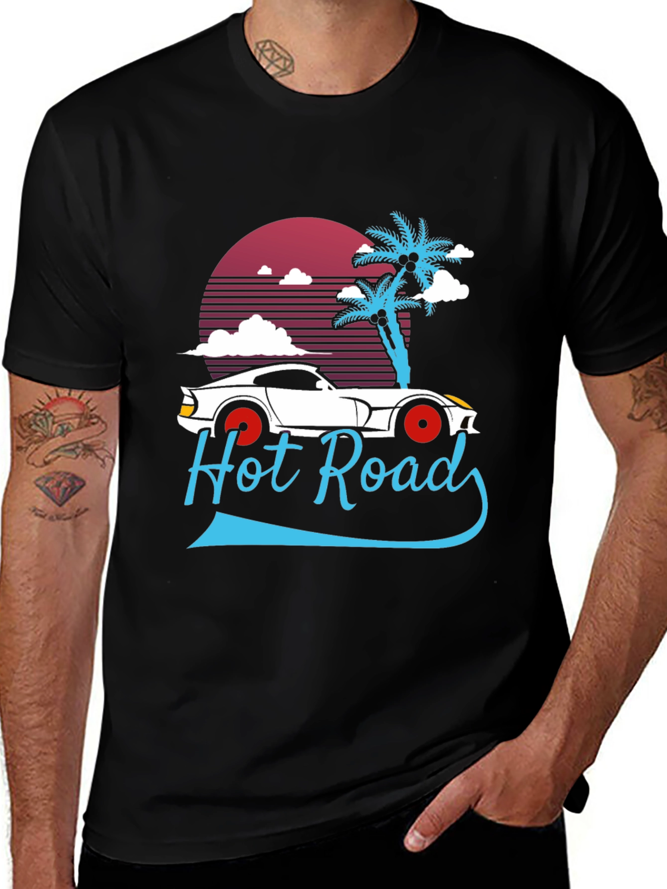Retro Hot Rod T-Shirt - Classic Car & Palm Tree Design
