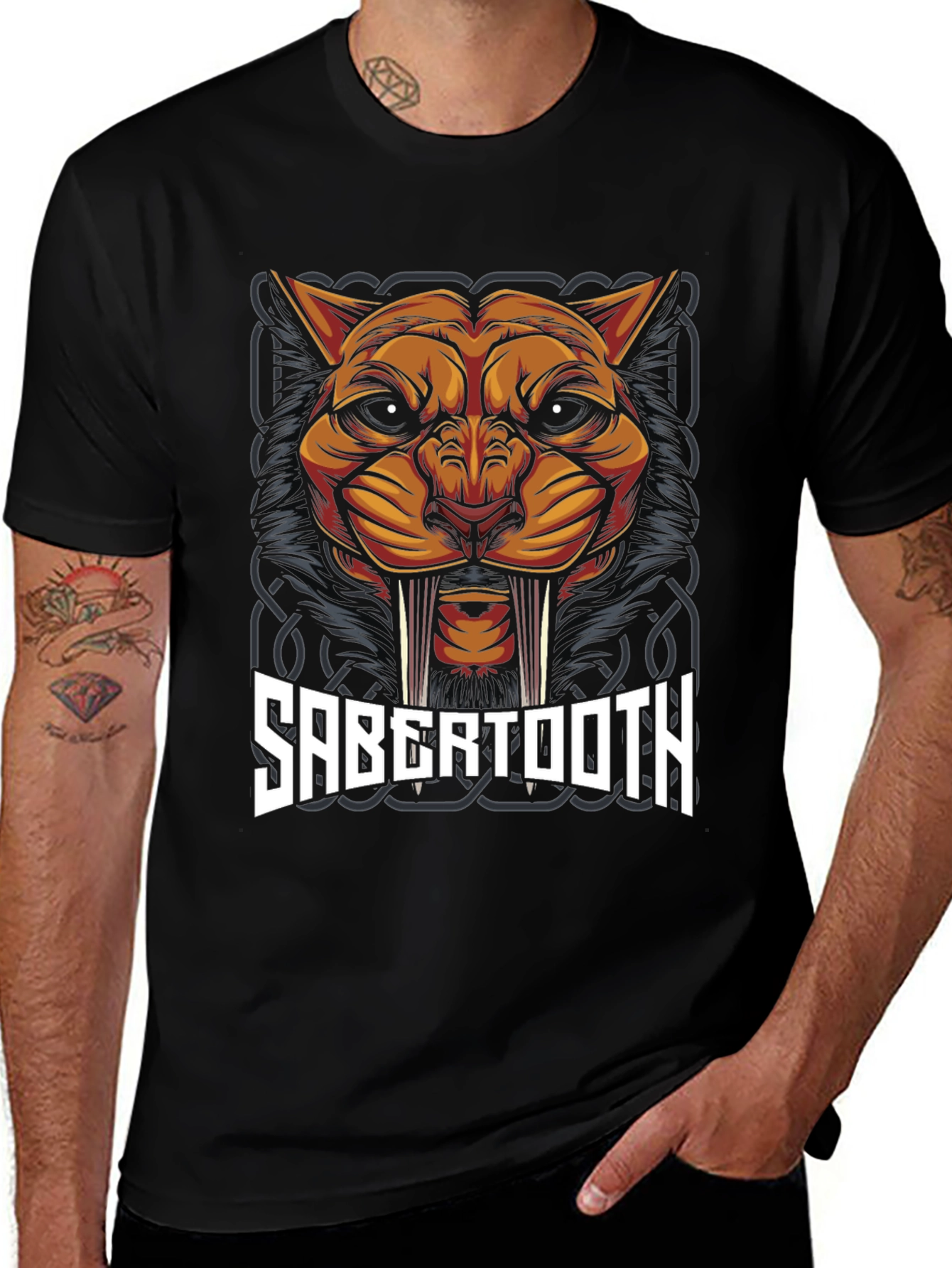 Black Sabertooth Tiger Graphic T-Shirt main image
