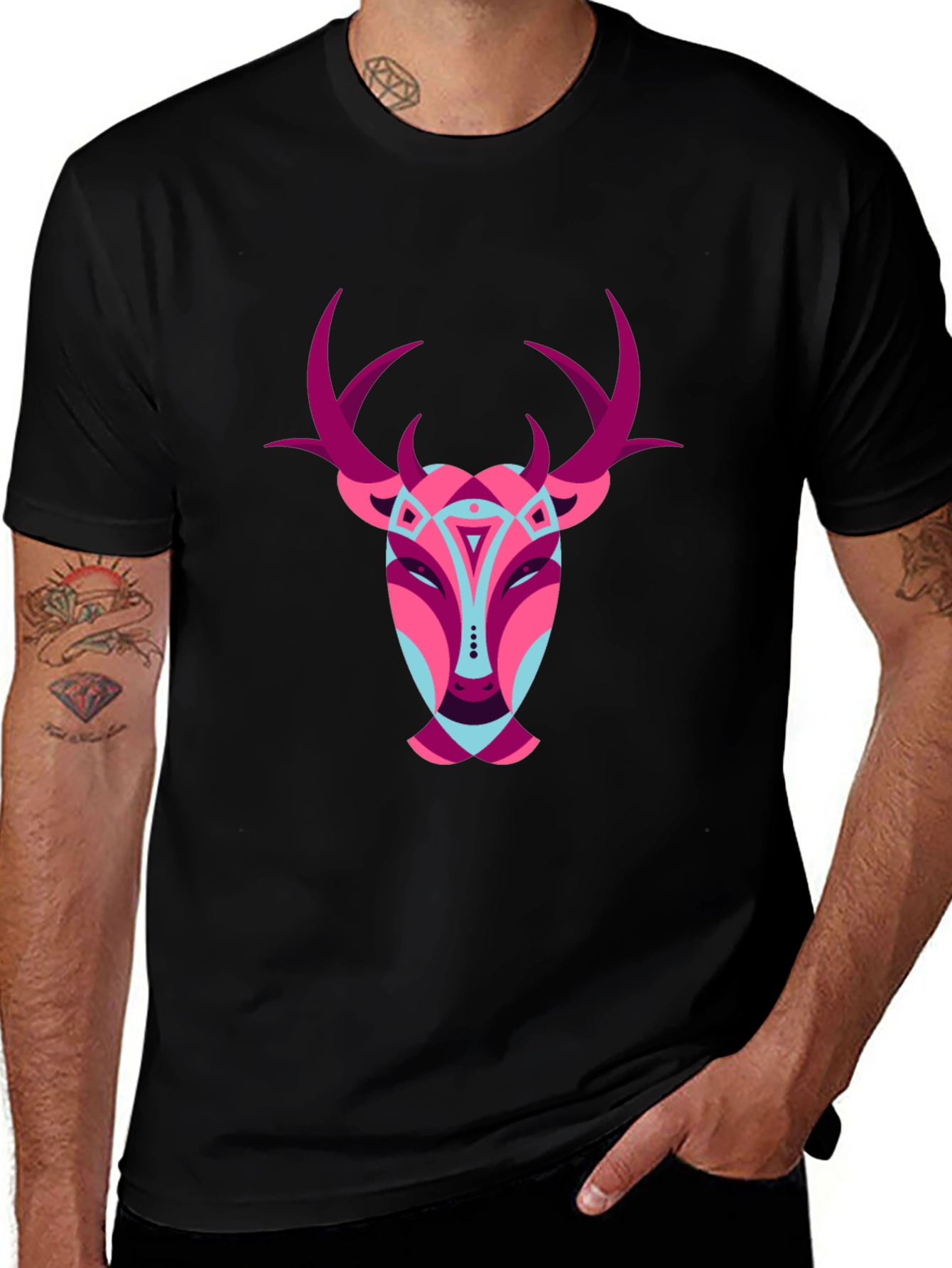 Variant 6 of Abstract Deer Graphic Tee - Black Casual T-Shirt