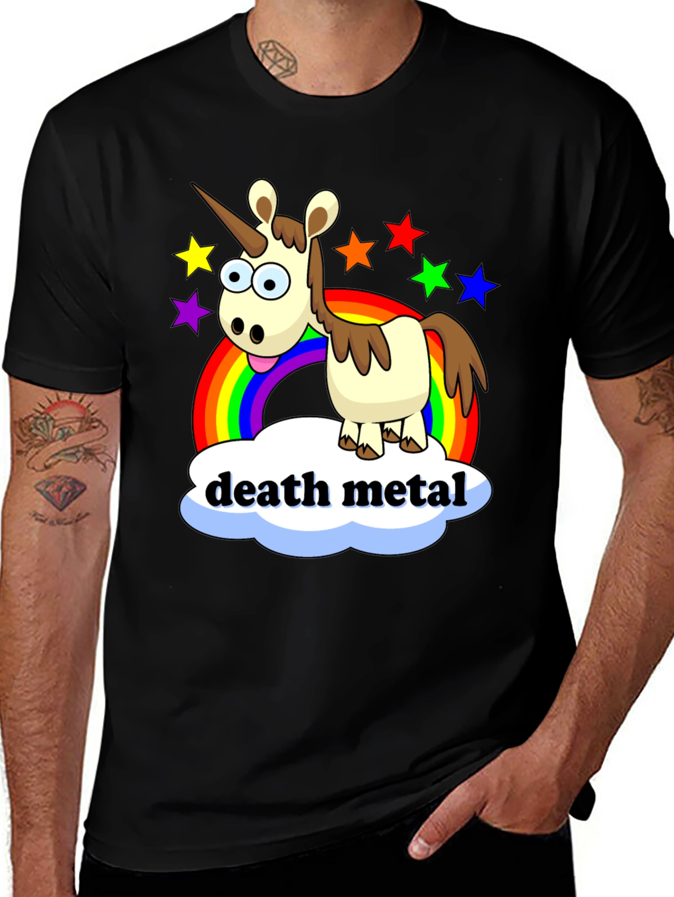 Variant 9 of Death Metal Unicorn T-Shirt - Rainbow Star Design