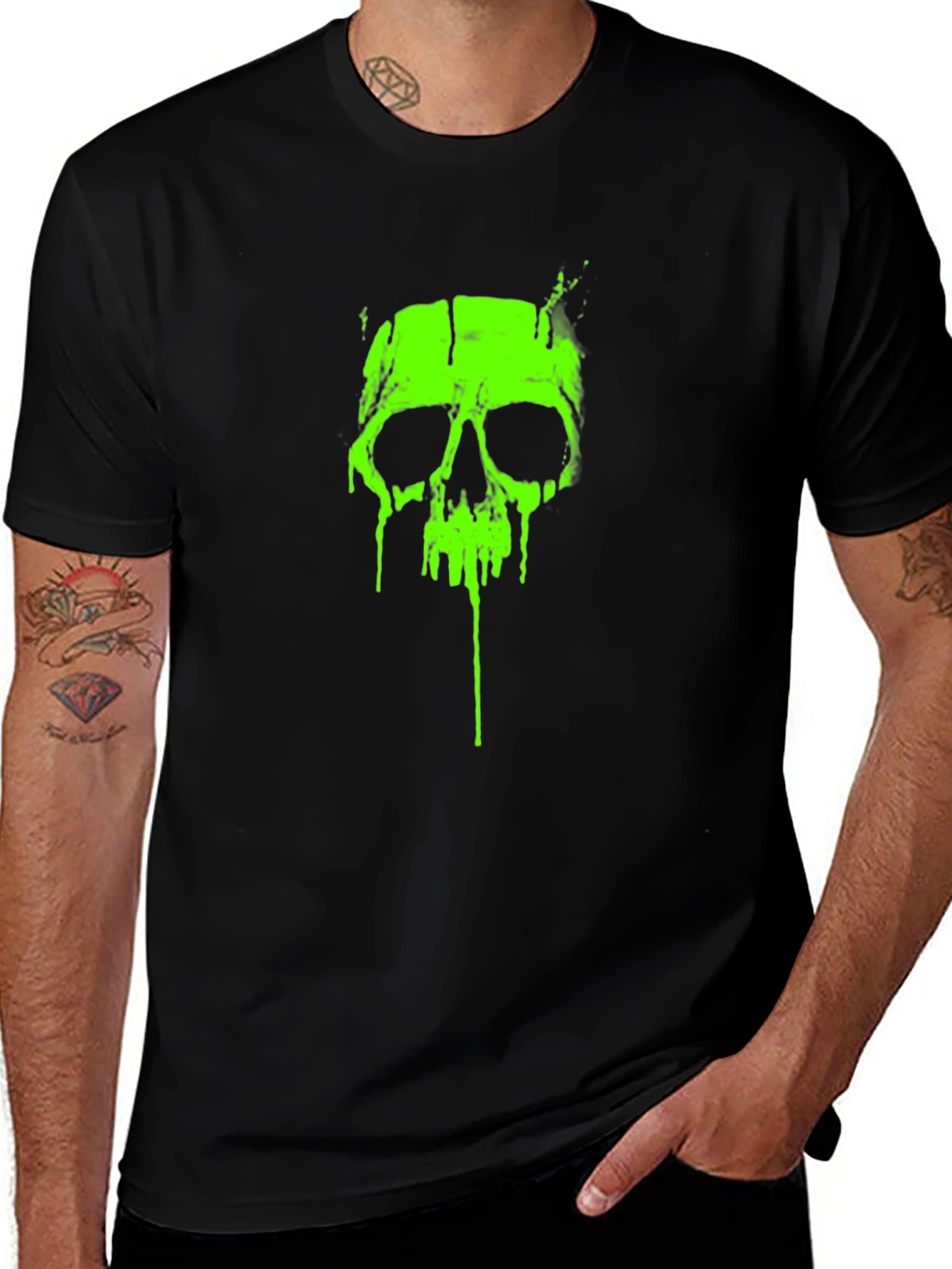 Variant 24 of Acid Green Skull Graphic Tee - Black Cotton T-Shirt