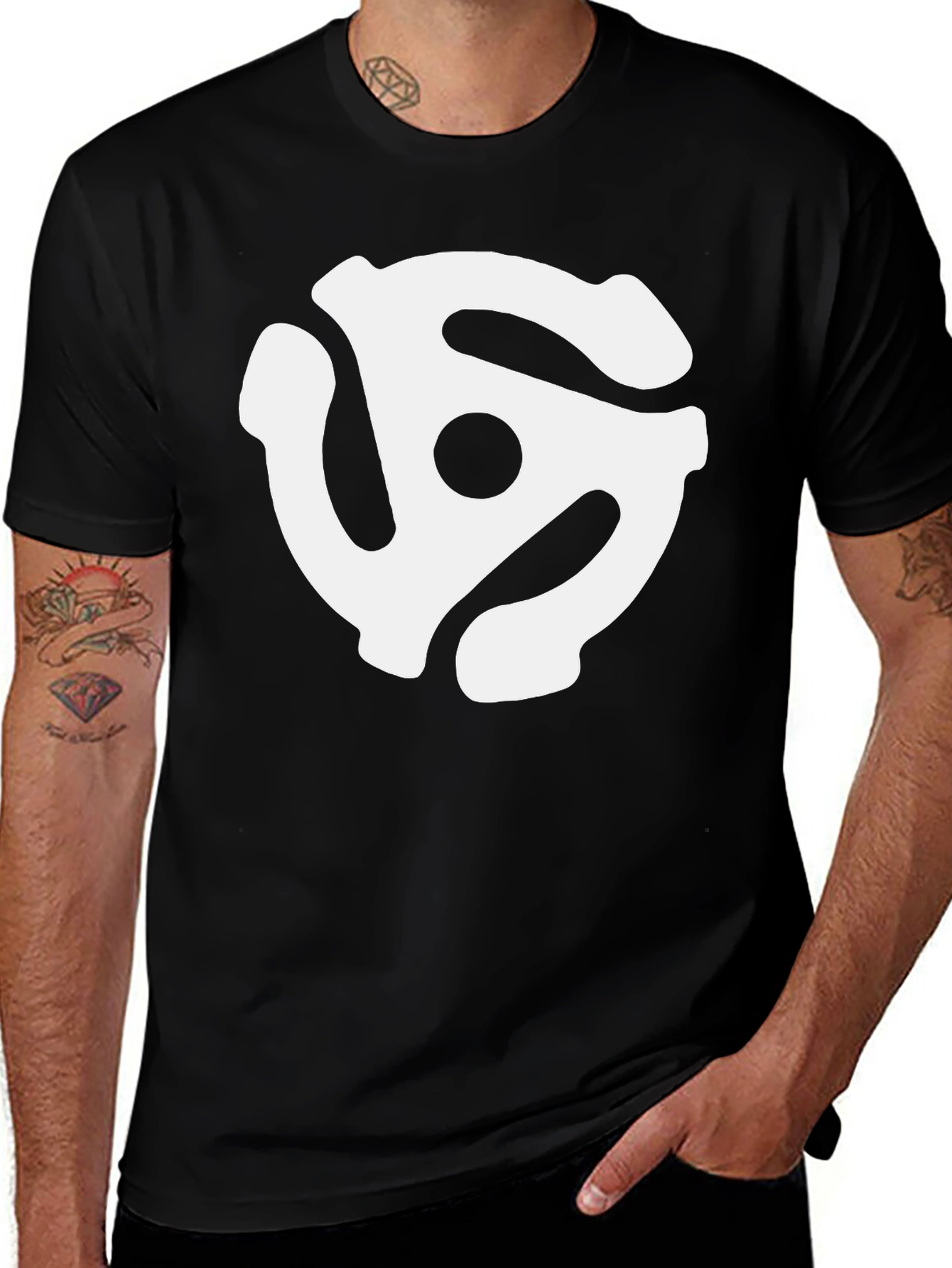 Variant 19 of Black T-Shirt with White Record Adapter Design