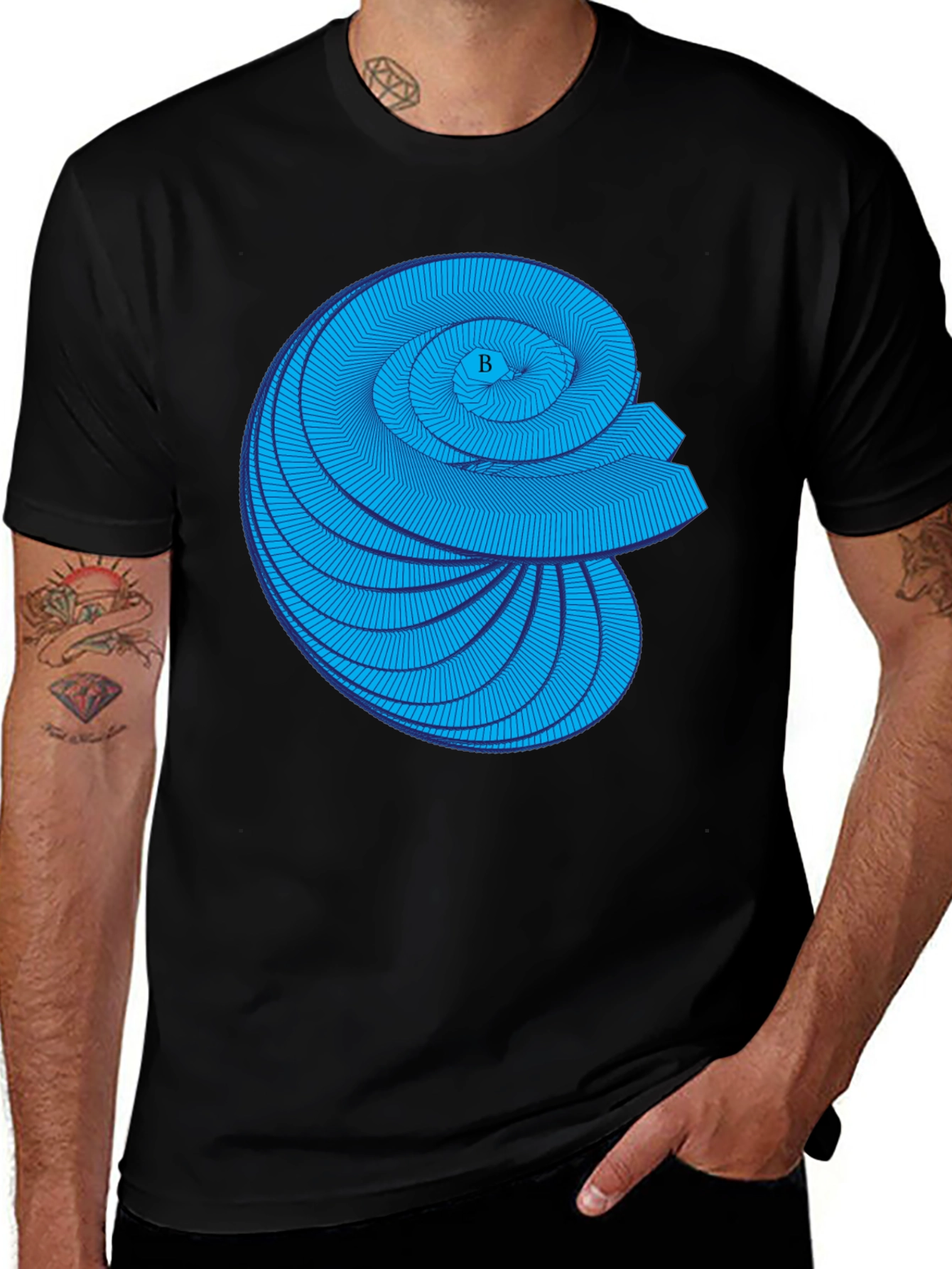 Variant 11 of Geometric Blue Spiral Graphic Black T-Shirt