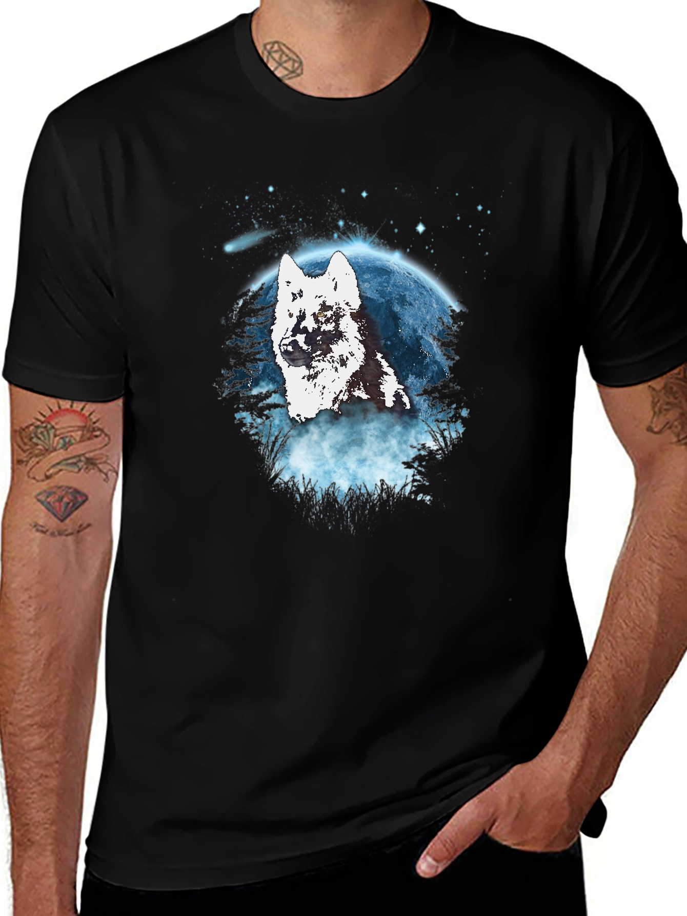 Variant 18 of Wolf Moon Graphic Tee - Black Cotton Blend