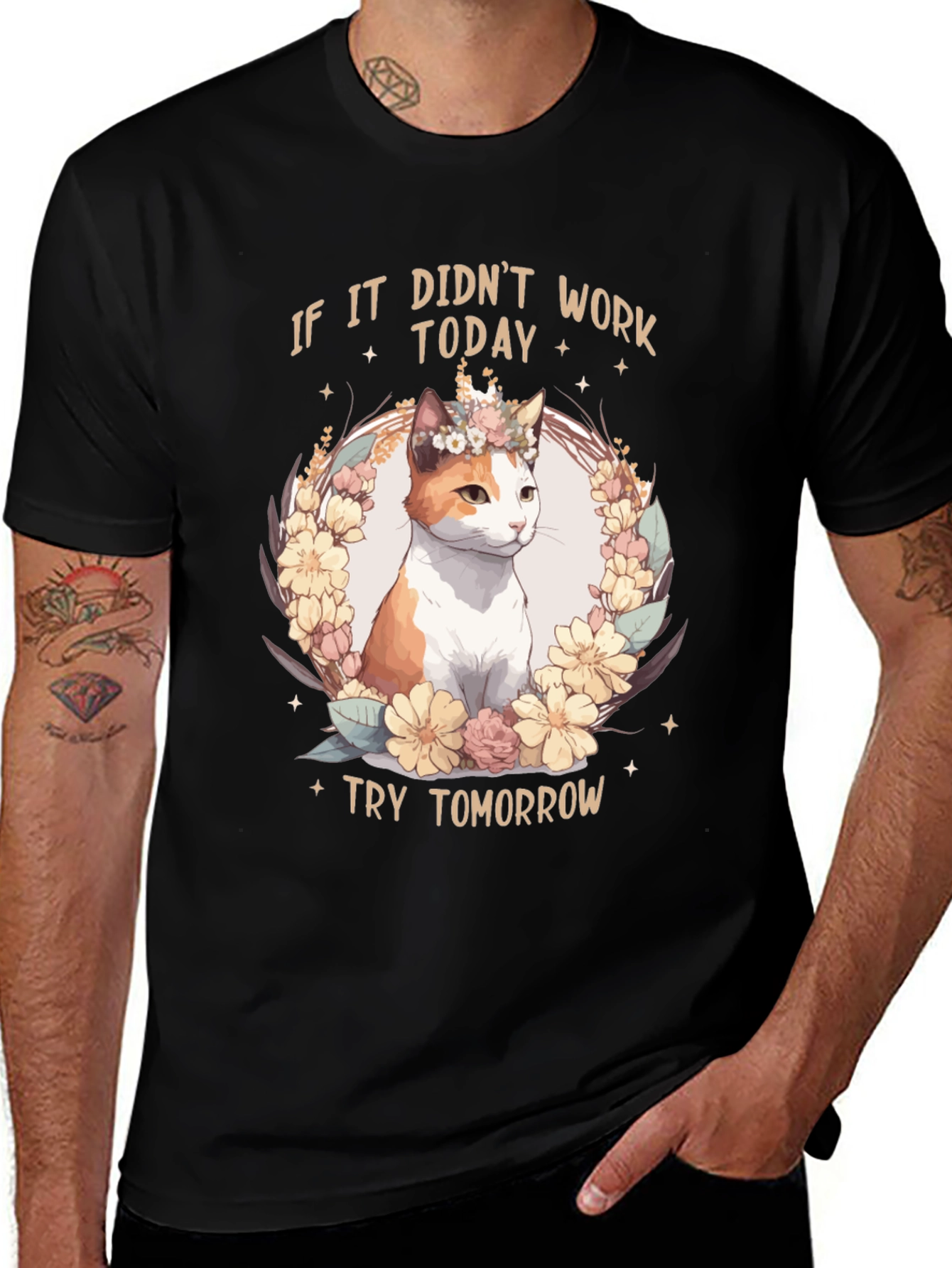 Variant 18 of Cat Lover Tee: 'Try Tomorrow' Floral Design