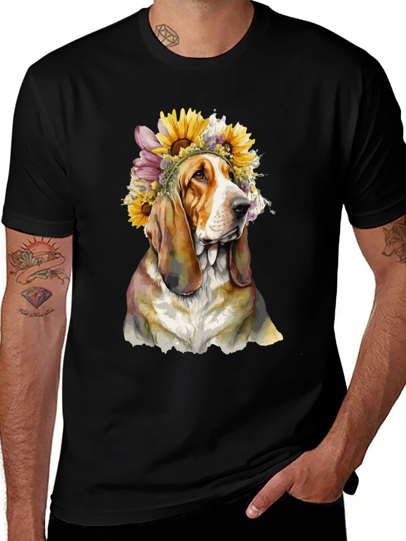 Variant 3 of Dog with Floral Crown Black T-Shirt