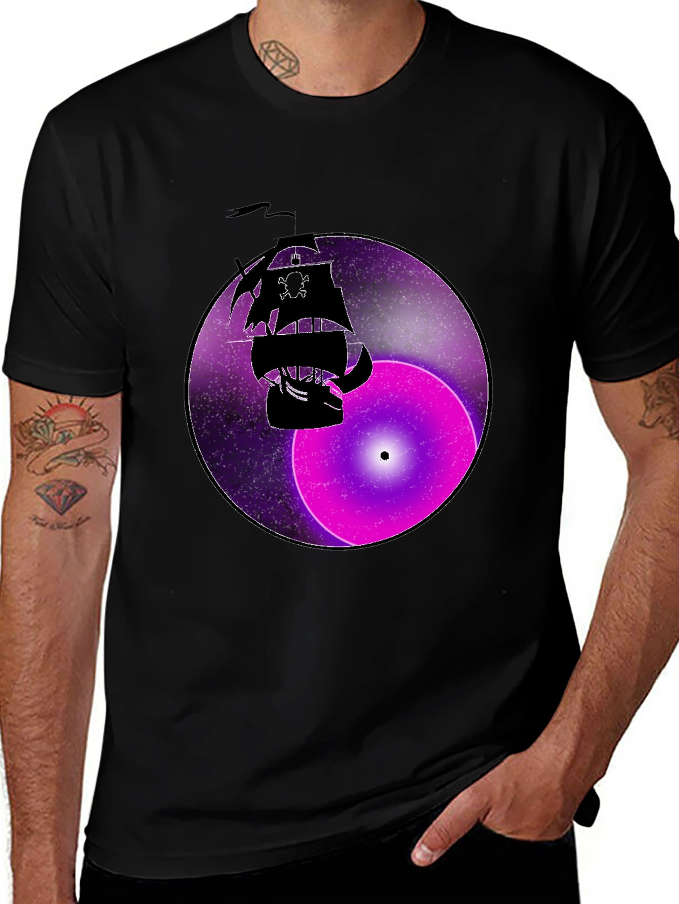 Pirate Ship Galaxy Black T-Shirt
