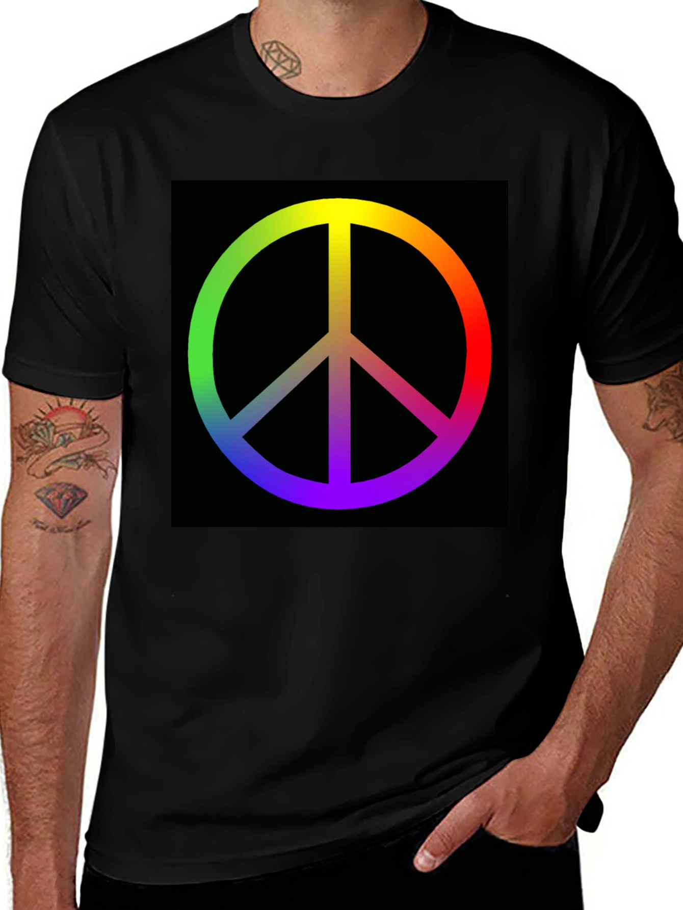 Variant 9 of Rainbow Peace Sign Graphic Tee - Black Cotton Blend
